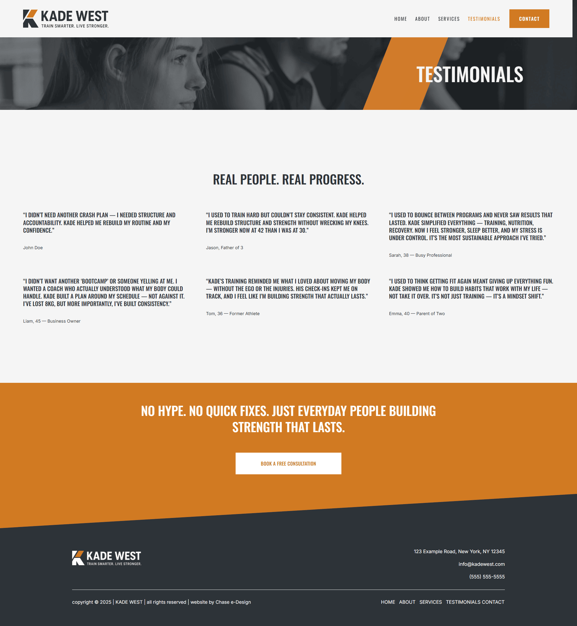 kade west website squarespace template testimonials page for fitness coach and trainers