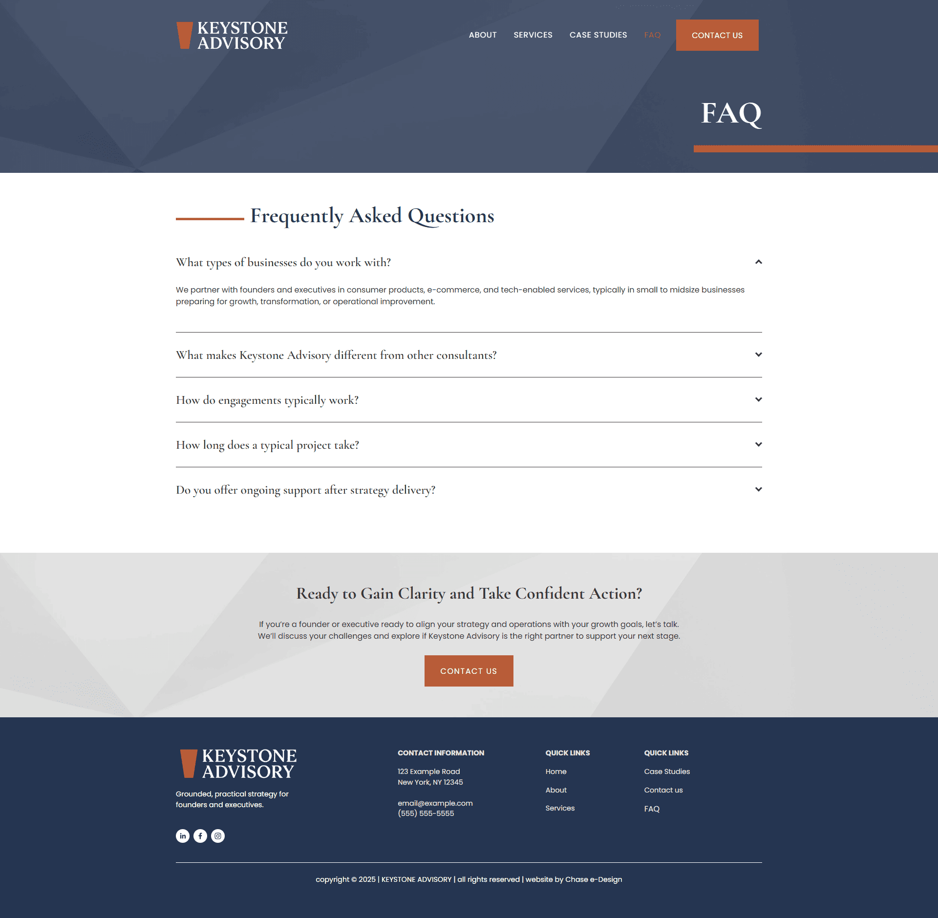 Keystone Advisory FAQ page website template