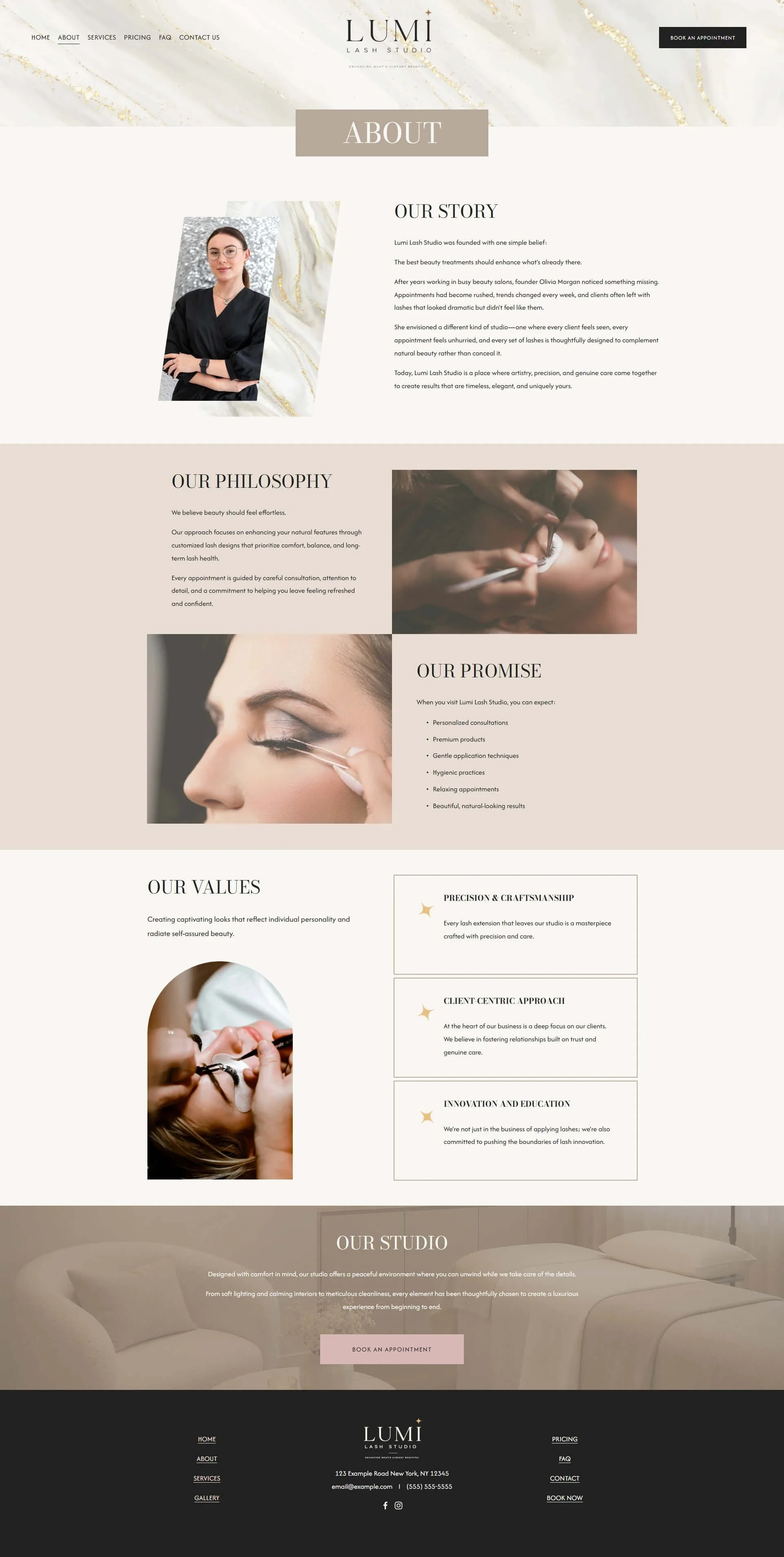 lumi lash studio squarespace website template about page for Cosmetic artists, Facial & Skin Clinics & Salons