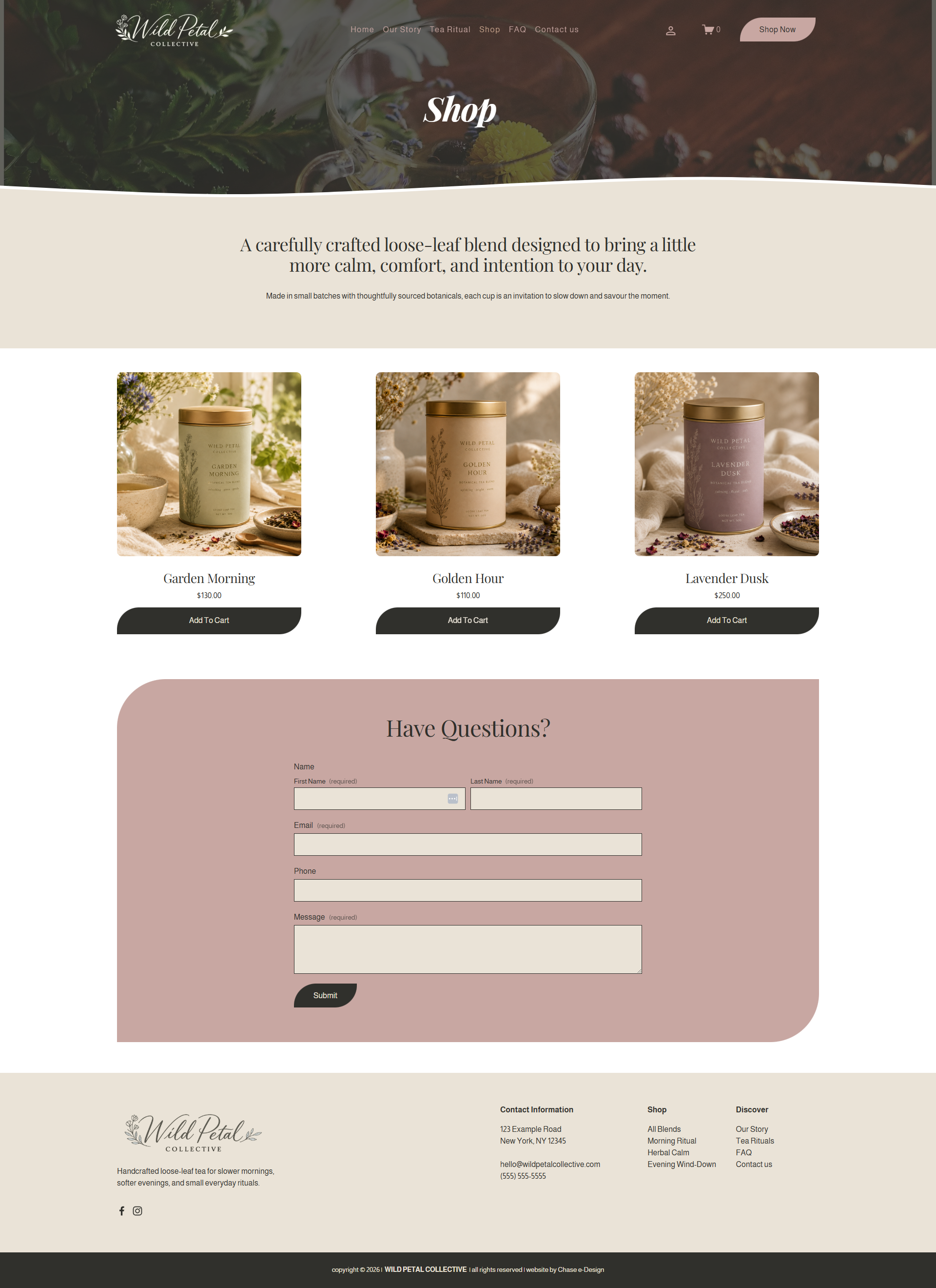 wild petal collective squarespace website template shop page for tea, botanical brands, wellness and lifestyle businesses
