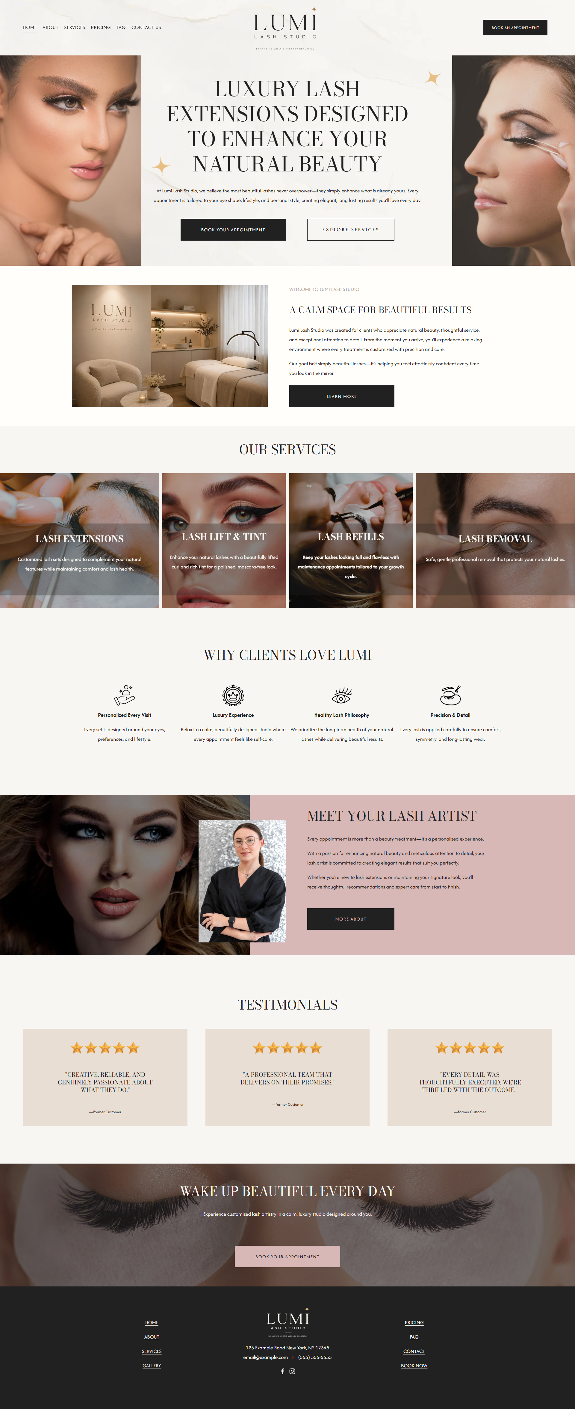 lumi lash studio squarespace website template homepage for Cosmetic artists, Facial & Skin Clinics & Salons