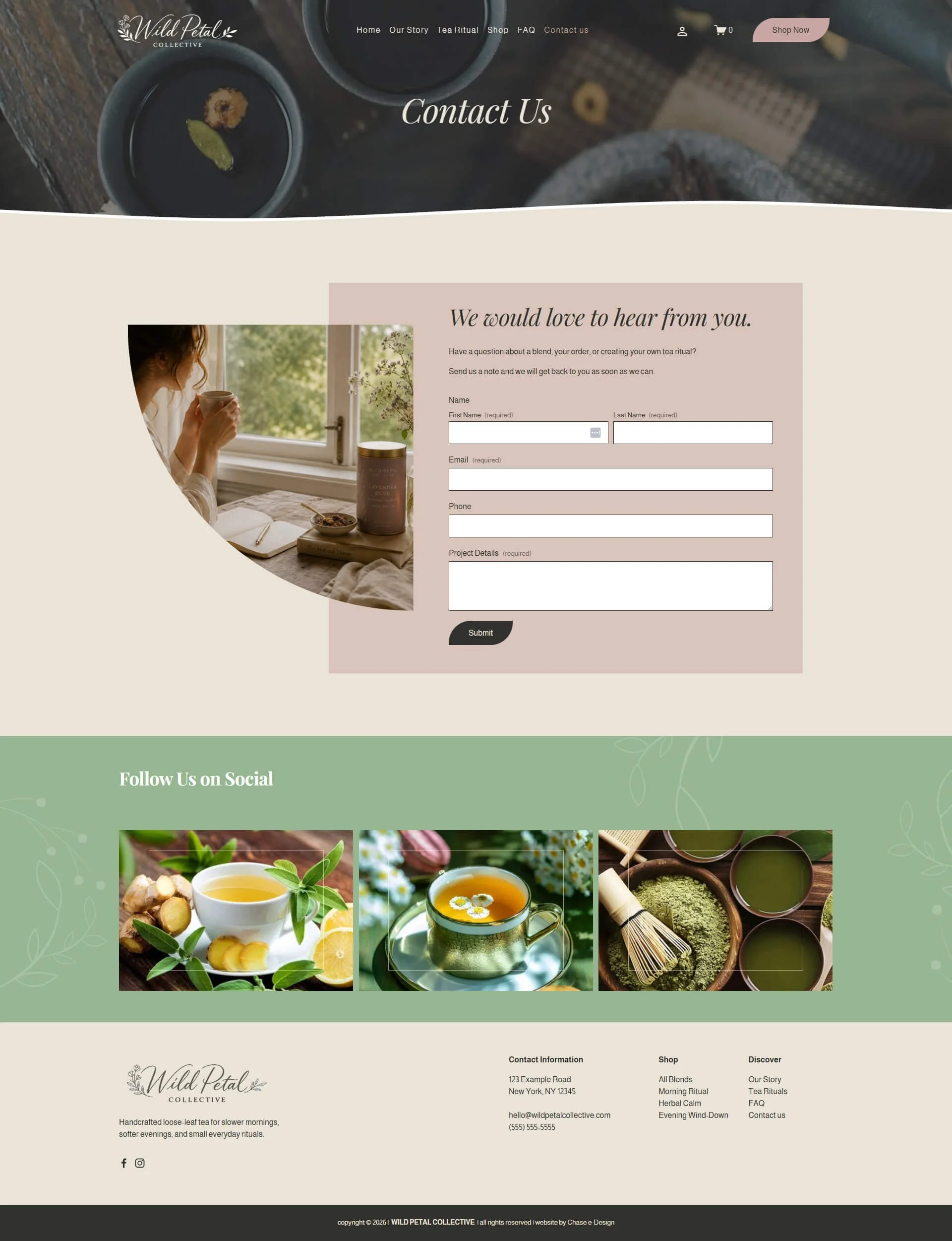 wild petal collective squarespace website template contact page for tea, botanical brands, wellness and lifestyle businesses