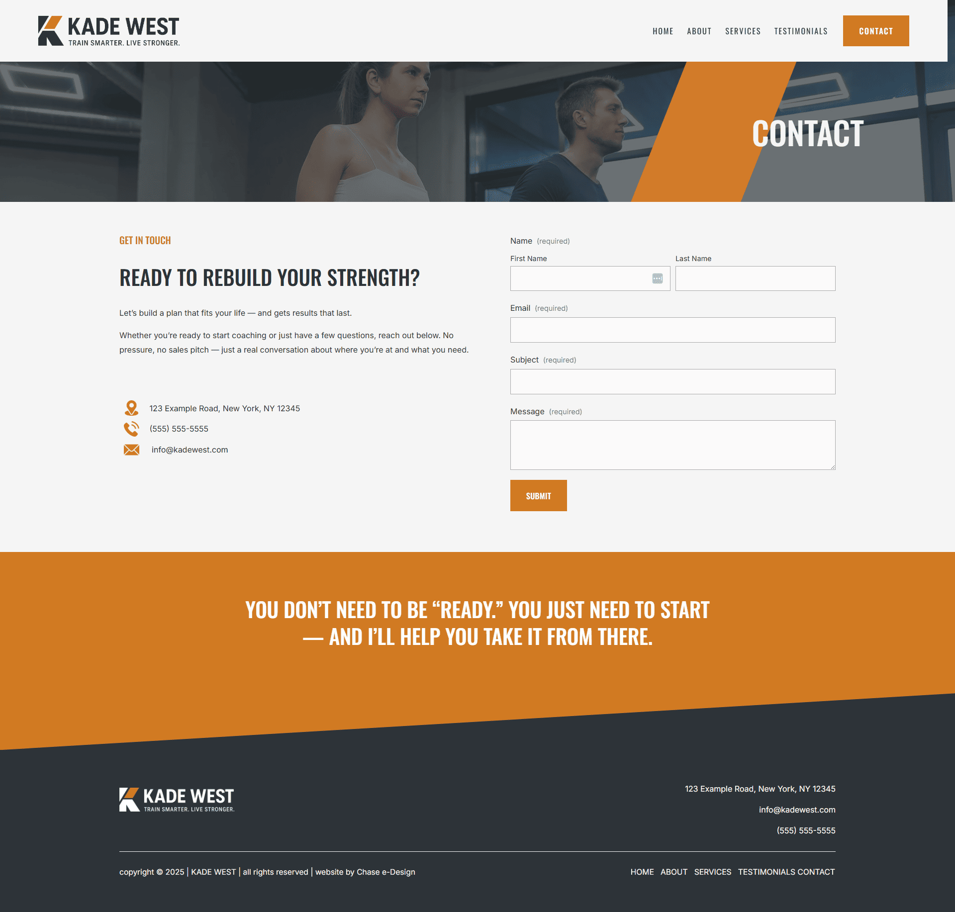 kade west website squarespace template contact us page for fitness coach and trainers