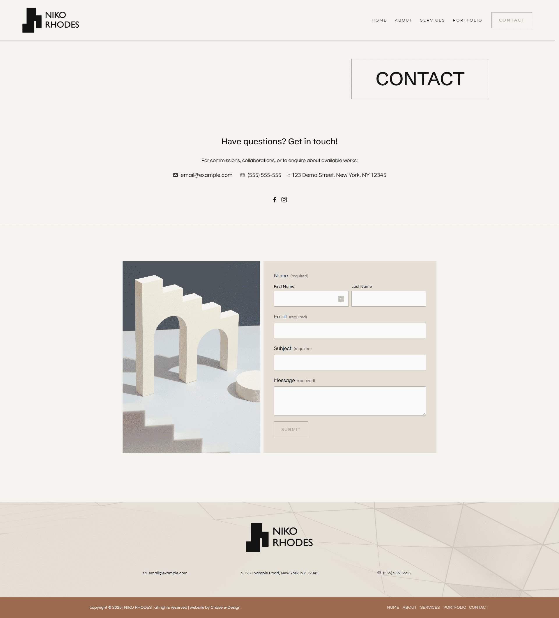 contact page for Niko Rhodes website template