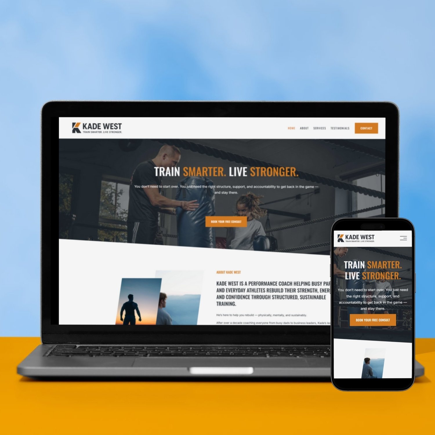 kade west website squarespace template mock up for fitness coach and trainers