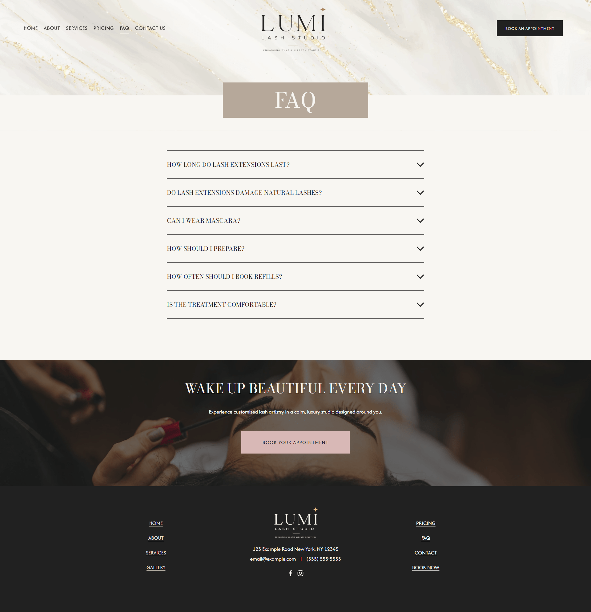 lumi lash studio squarespace website template FAQ page for Cosmetic artists, Facial & Skin Clinics & Salons