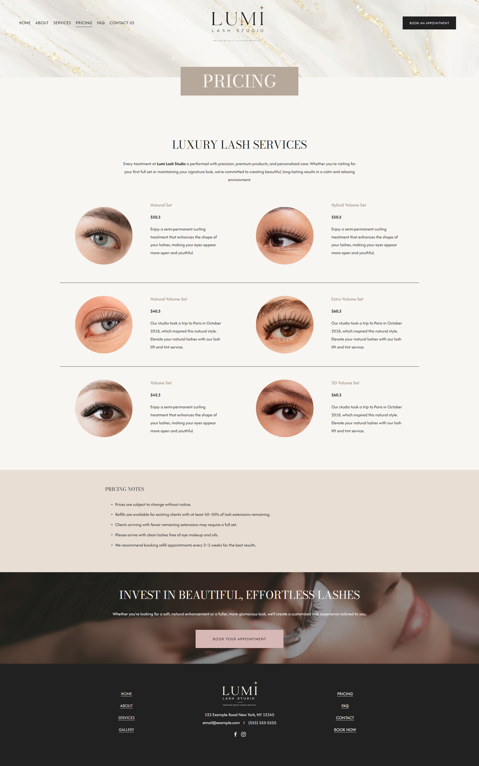 lumi lash studio squarespace website template pricing page for Cosmetic artists, Facial & Skin Clinics & Salons