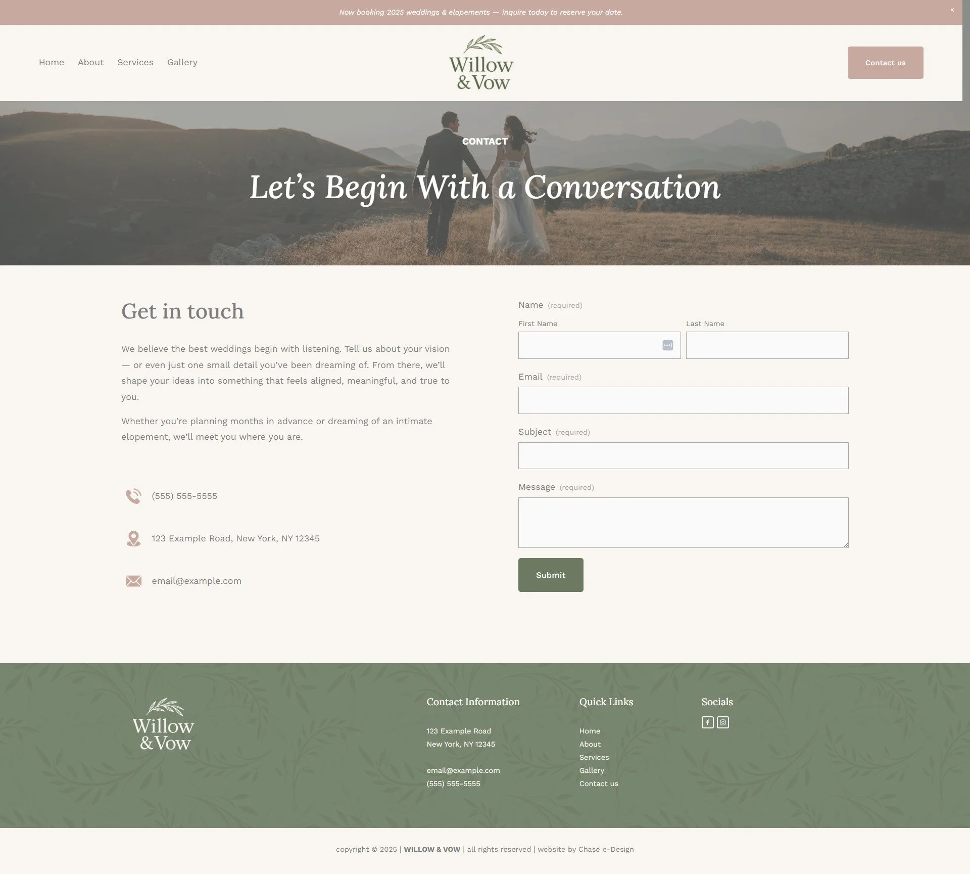 willow & vow website squarespace template contact page for wedding and event planners