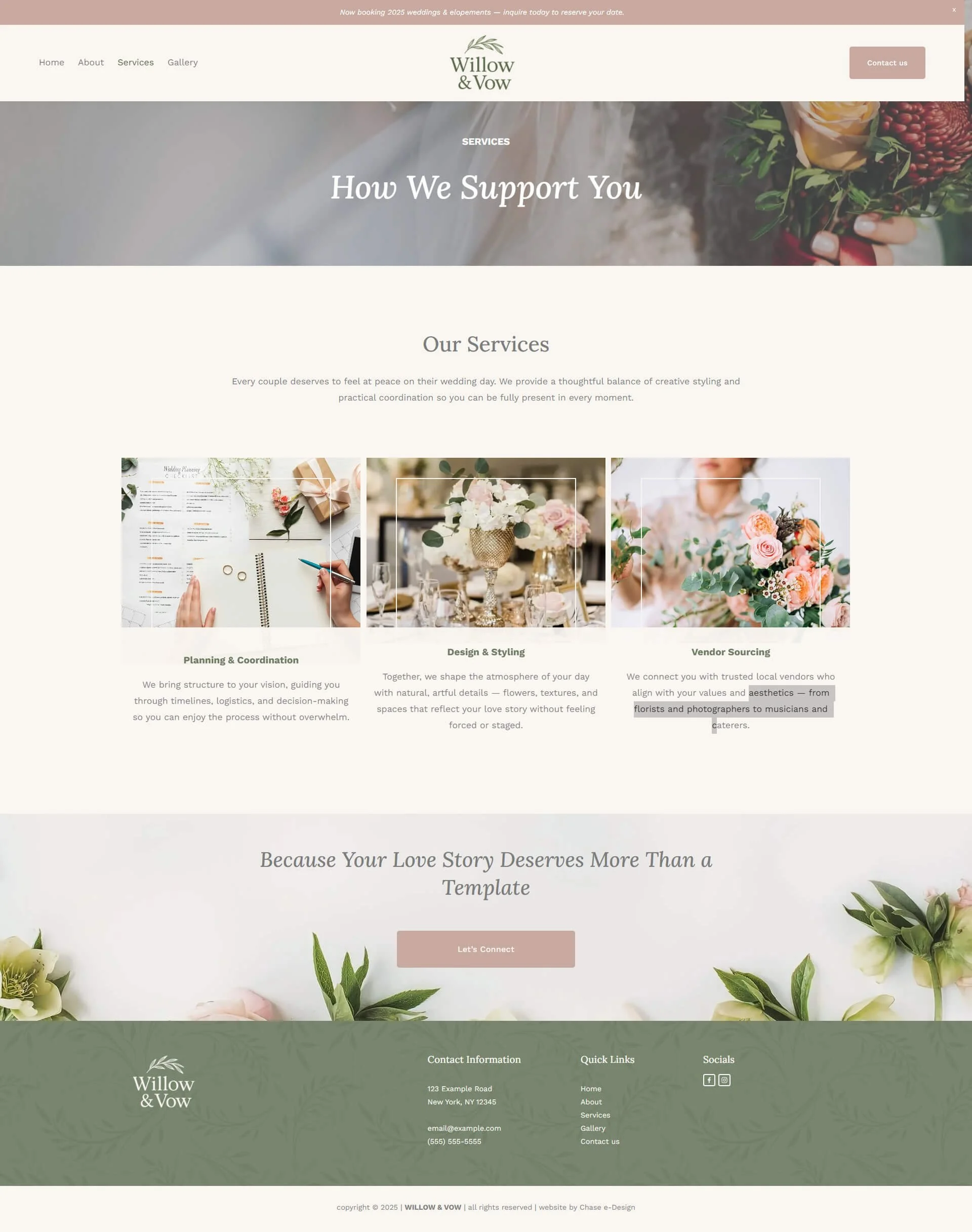 willow & vow website squarespace template services page for wedding and event planners