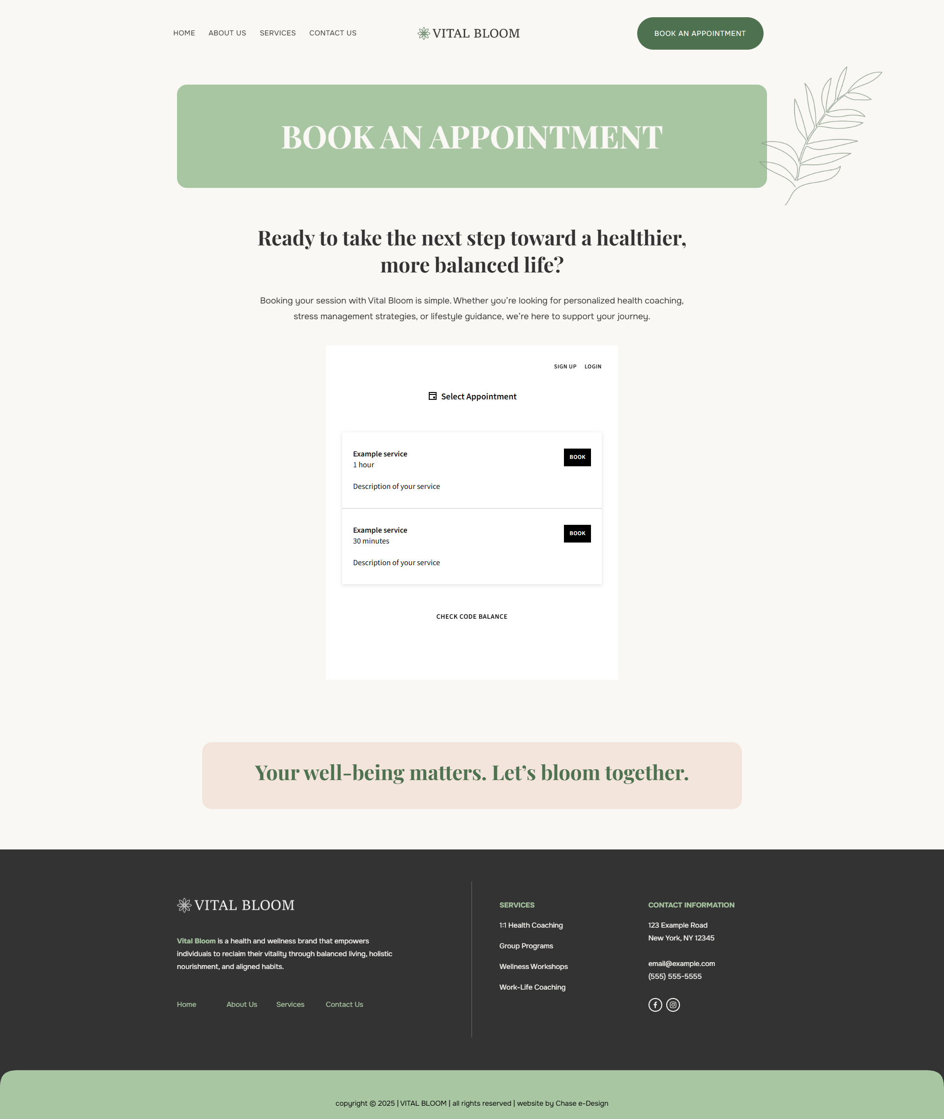 book an appointment page for vital bloom website template