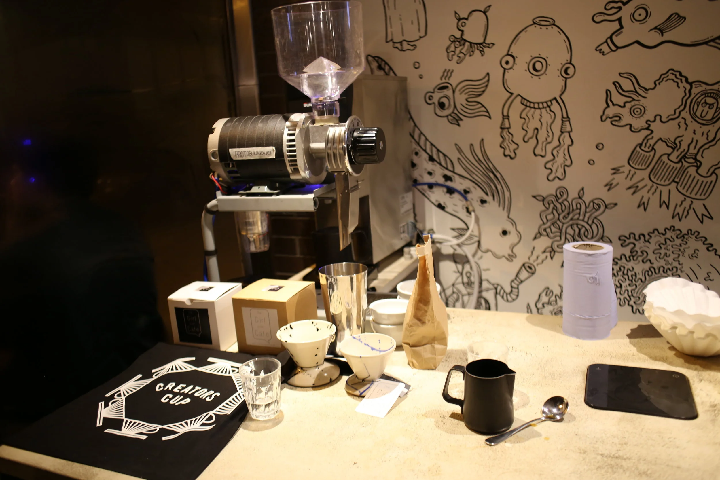 Creators Cup ProtoGrinderOne and some lovely one off brewers from The Girl in the Cafe. 