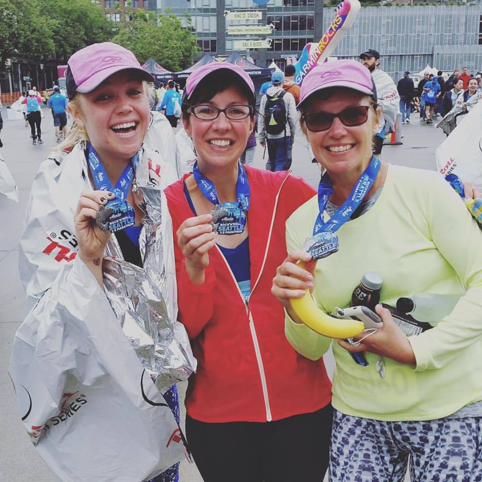 My mom, my auntie and I after I talked them into signing up with me to run the RnR Seattle Half this past June. This was both of their first half-marathons! Check out our bling!&nbsp;