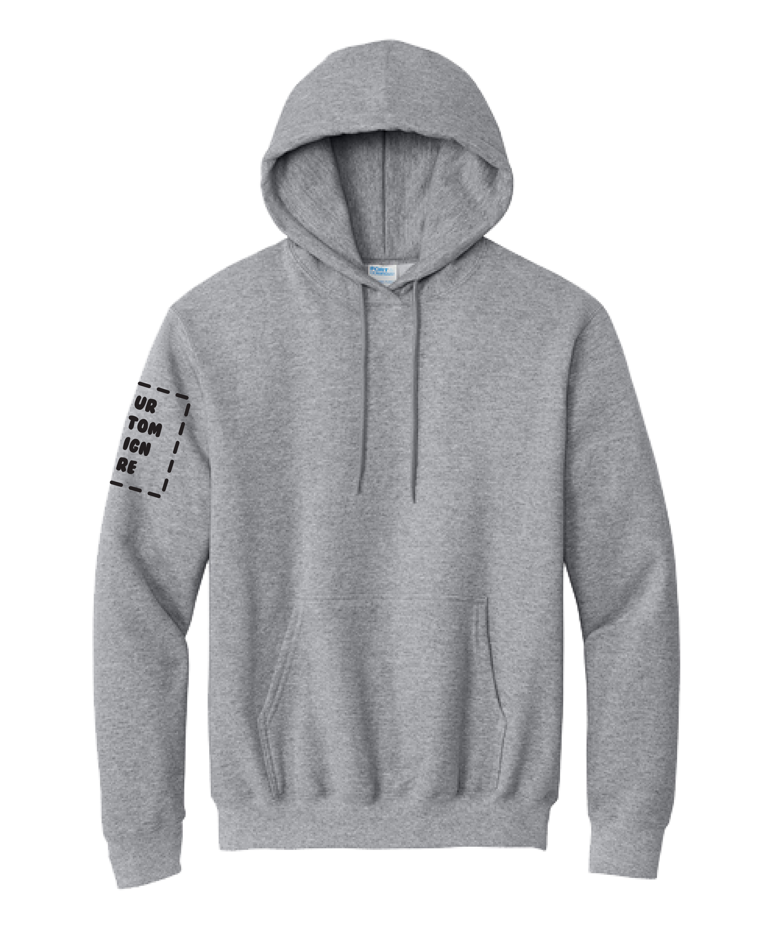 Gray hoodie with drawstrings and a front pouch pocket, with black text on the left sleeve that reads "OUR TOM IGN RE" inside a dashed box.