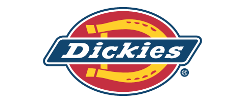 Dickies logo with a stylized red and yellow oval background and the brand name in blue and white text.