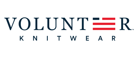 Logo for Volunteer Knitwear featuring the word 'VOLUNTEER' with three red horizontal lines replacing the 'E' and the word 'KNITWEAR' below.