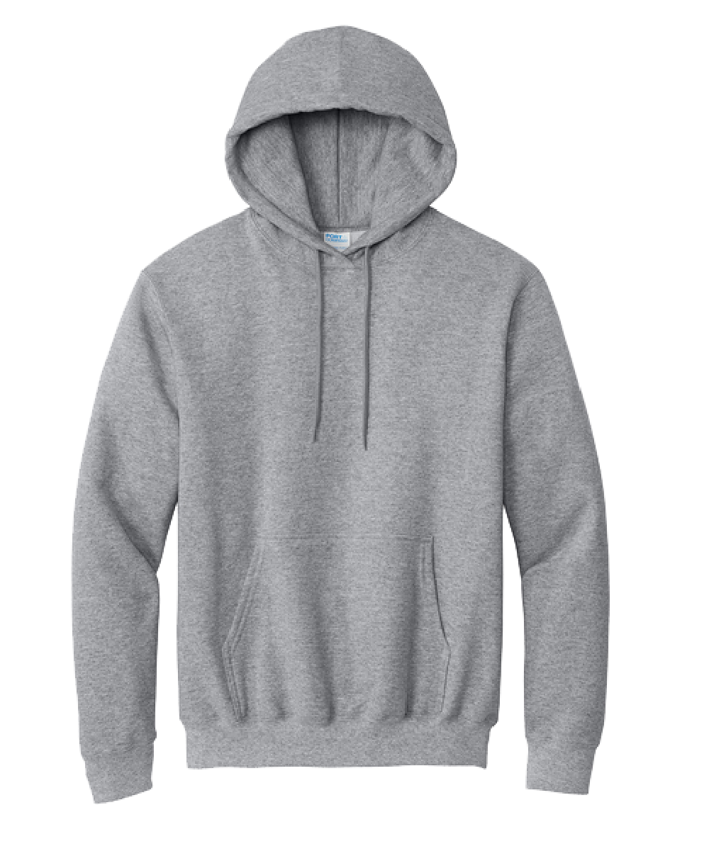 A plain gray hooded sweatshirt with a front pocket and drawstrings, displayed against a transparent background.