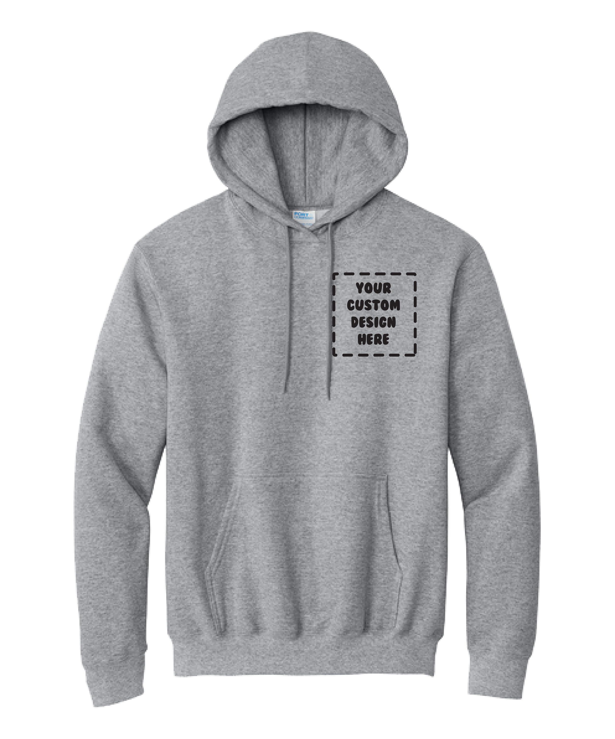 Gray hoodie with a front pocket and drawstrings, featuring a dashed rectangle on the chest with text that reads 'Your Custom Design Here'.