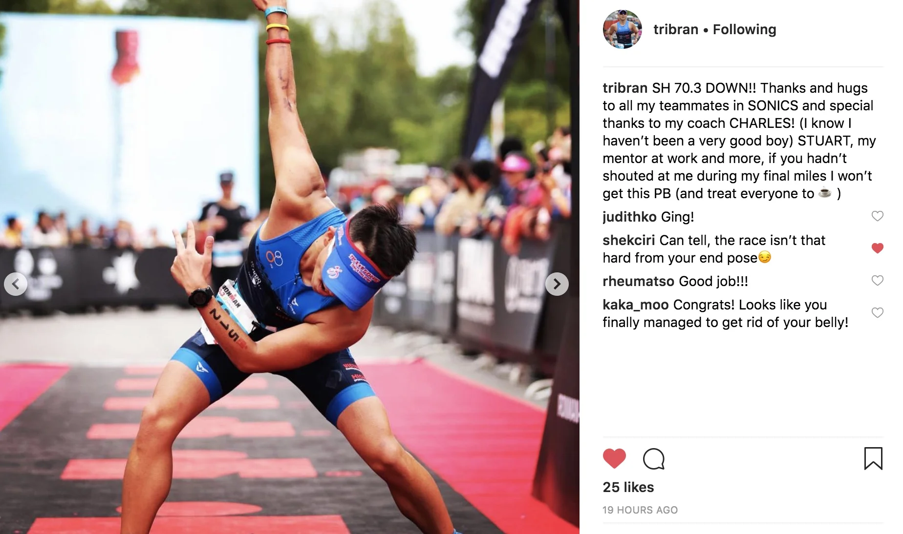 Brandon is the guy like to have some fun at training and he likes to mix my prescribed weekly program like a special fried rice! But it doesn’t stop him to finish another 70.3 with PB and gain a slot to the World Championship! Keep this finish line pose in Nice!!