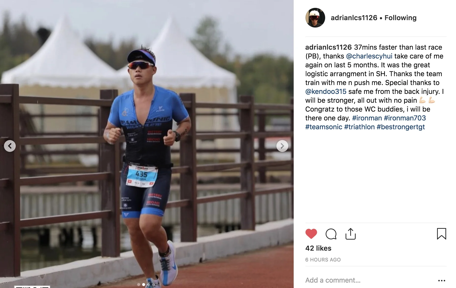 Adrian is one of the hardworking triathlete who dedicated into training, he is the one that willing to work on the weakest. As a college swimming background, he understand how to get though the hard set. He improved a lot though joining our run program unfortunately the back injury was triggered prior the race so he couldn’t perform well in this time We will look forward to the next one and make it a even better one!