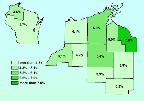 April 2018 Unemployment Rates for Northwest Wisconsin (Workforce Development Area 7) compared to the state unemployment average