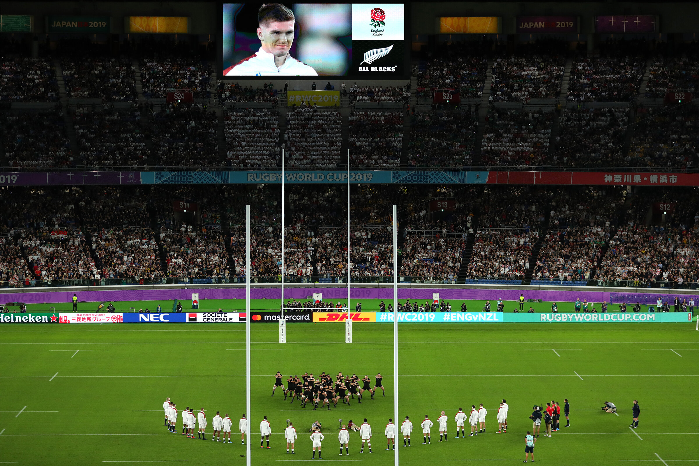  Owen Farrell smiles as England face the Haka in the Rugby World Cup Semi Final. 