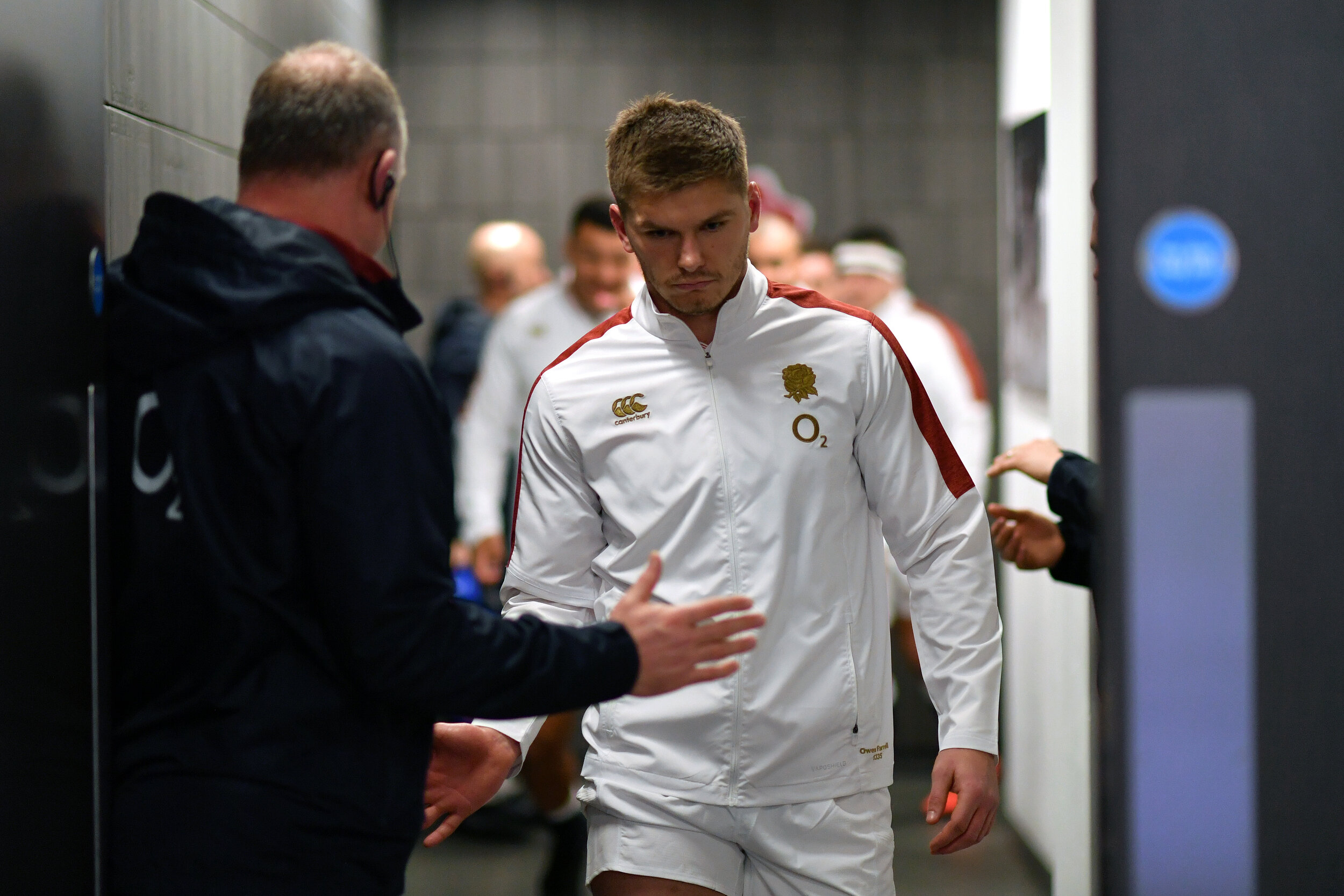  Owen Farrell leads the England team out of the changing room. 