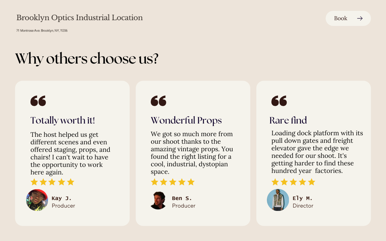 Testimonial section of Brooklyn Optics Industrial Location website, showing three customer reviews with photos, star ratings, names, and titles.