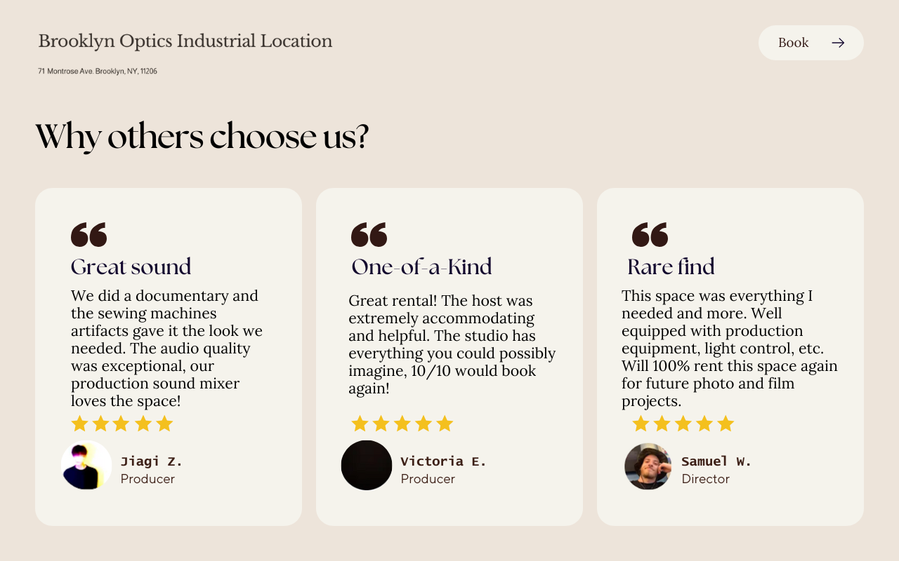 Testimonial section of Brooklyn Optics Industrial Location website with three customer reviews, each featuring a star rating, a circular profile picture, the customer's name, and their role.
