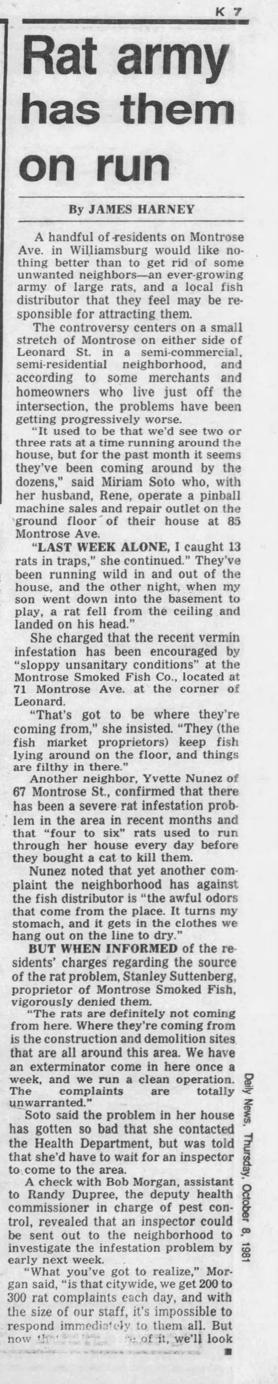 Newspaper article titled "Rat army has them on run" with text describing a rat infestation problem caused by large rats and a recent increase in the rat population in a neighborhood, mentioning measures taken and inspectors involved.