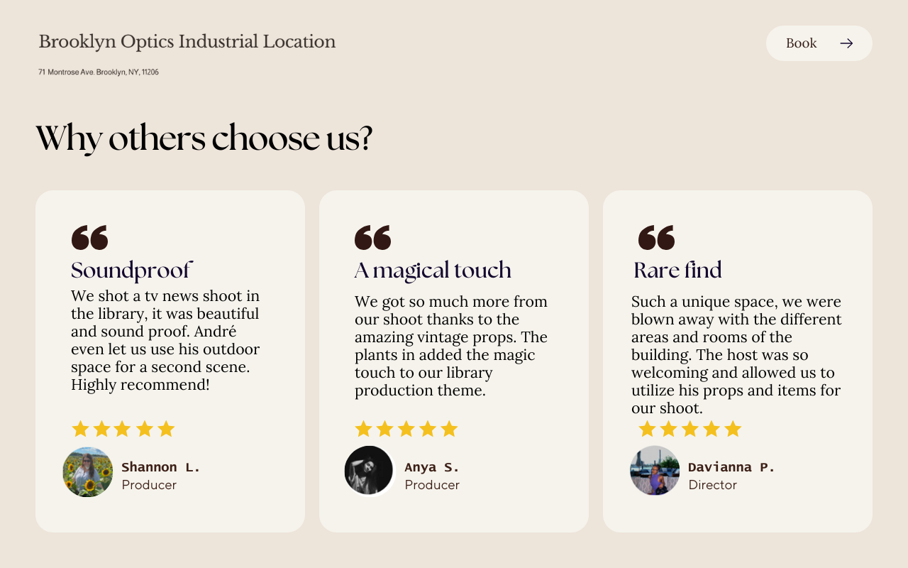 Webpage showcasing Brooklyn Optics Industrial Location with reviews highlighting soundproofing, a magical touch, and rare find, including customer photos, names, roles, star ratings, and review comments.