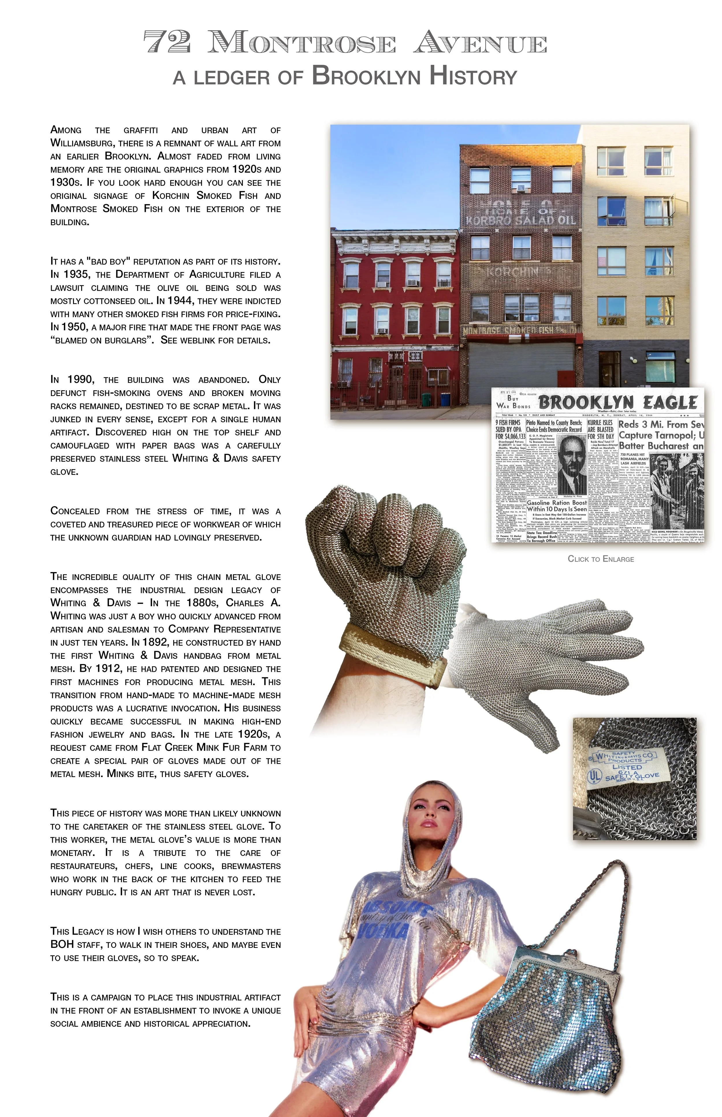 A collage featuring historical Brooklyn buildings, vintage newspapers, chainmail gloves, and a fashion model dressed in shiny metallic clothing with a matching handbag, emphasizing Brooklyn history and industrial craftsmanship.