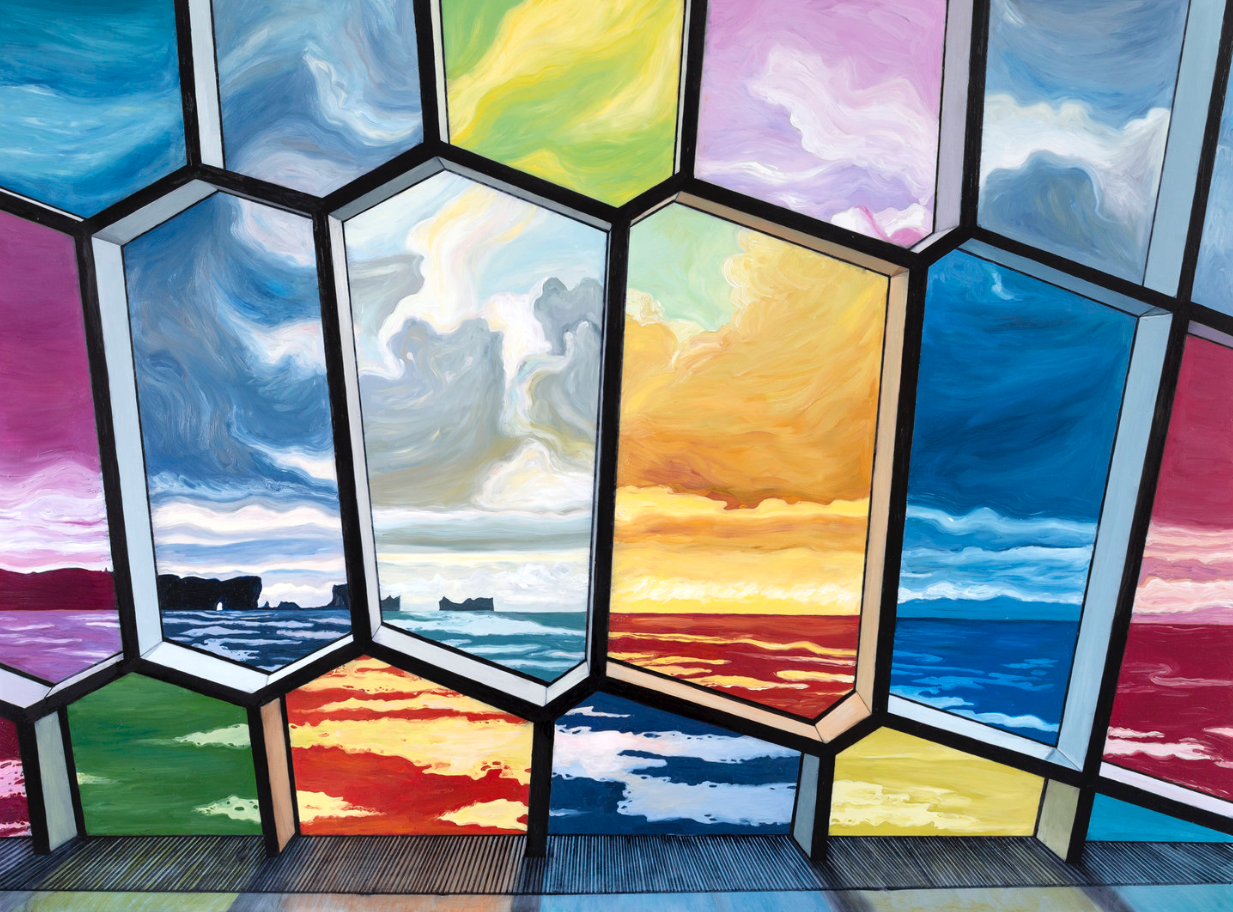 Julia Whitney Barnes, Bricks and Stones May Break (Iceland/Rainbow Windows), 2016, ink and oil on mylar, 25 x 34 in.