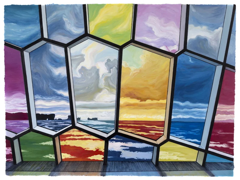 "Bricks and Stones May Break (Iceland/Rainbow Windows)" ink & oil on Mylar, 25 x 34 inches