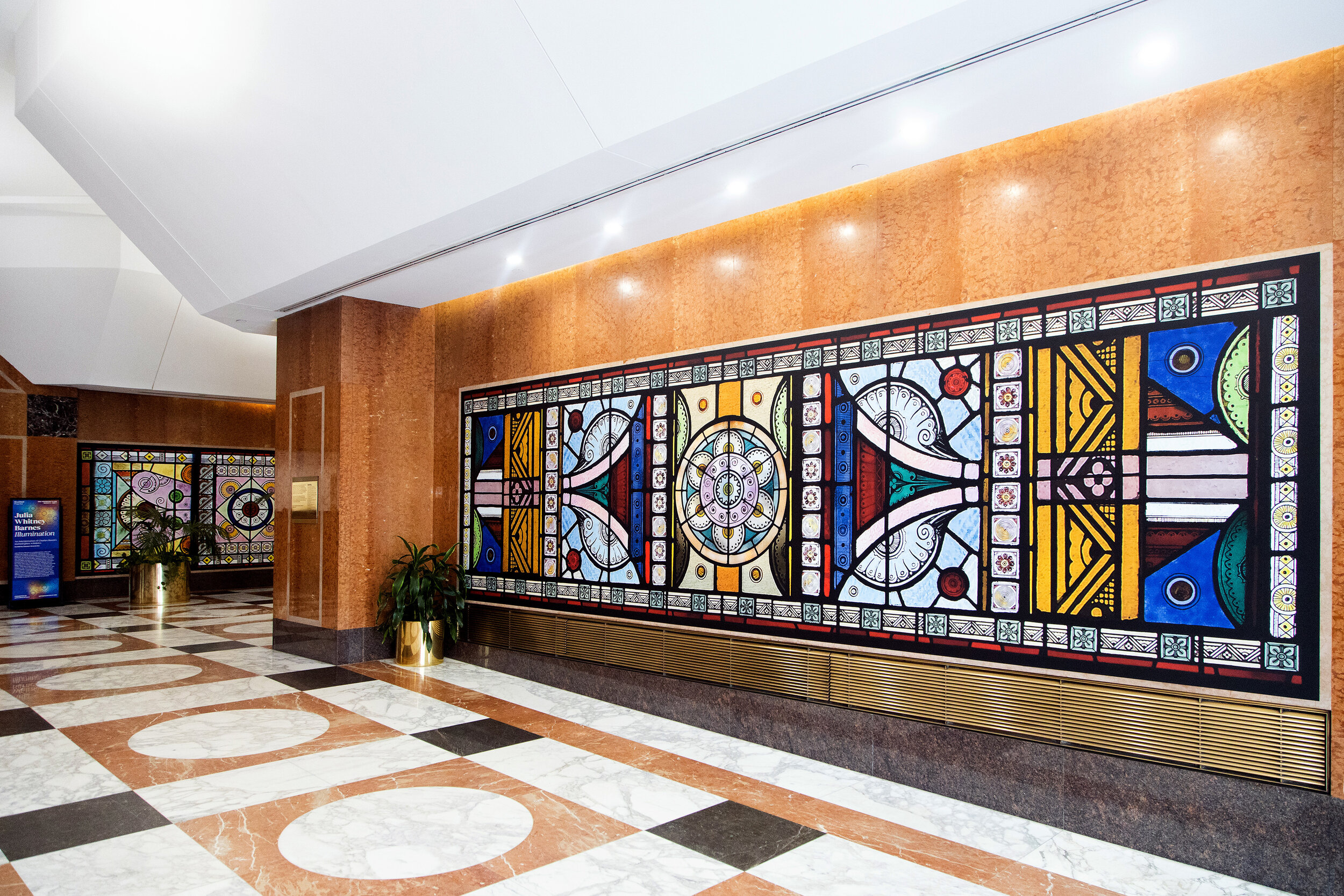 "Illumination: An Interpretation of Charles Booth's Stained Glass Windows," 2020, printed vinyl on marble, One Pierrepont Plaza, Brooklyn, NY, Presented by Arts Brookfield