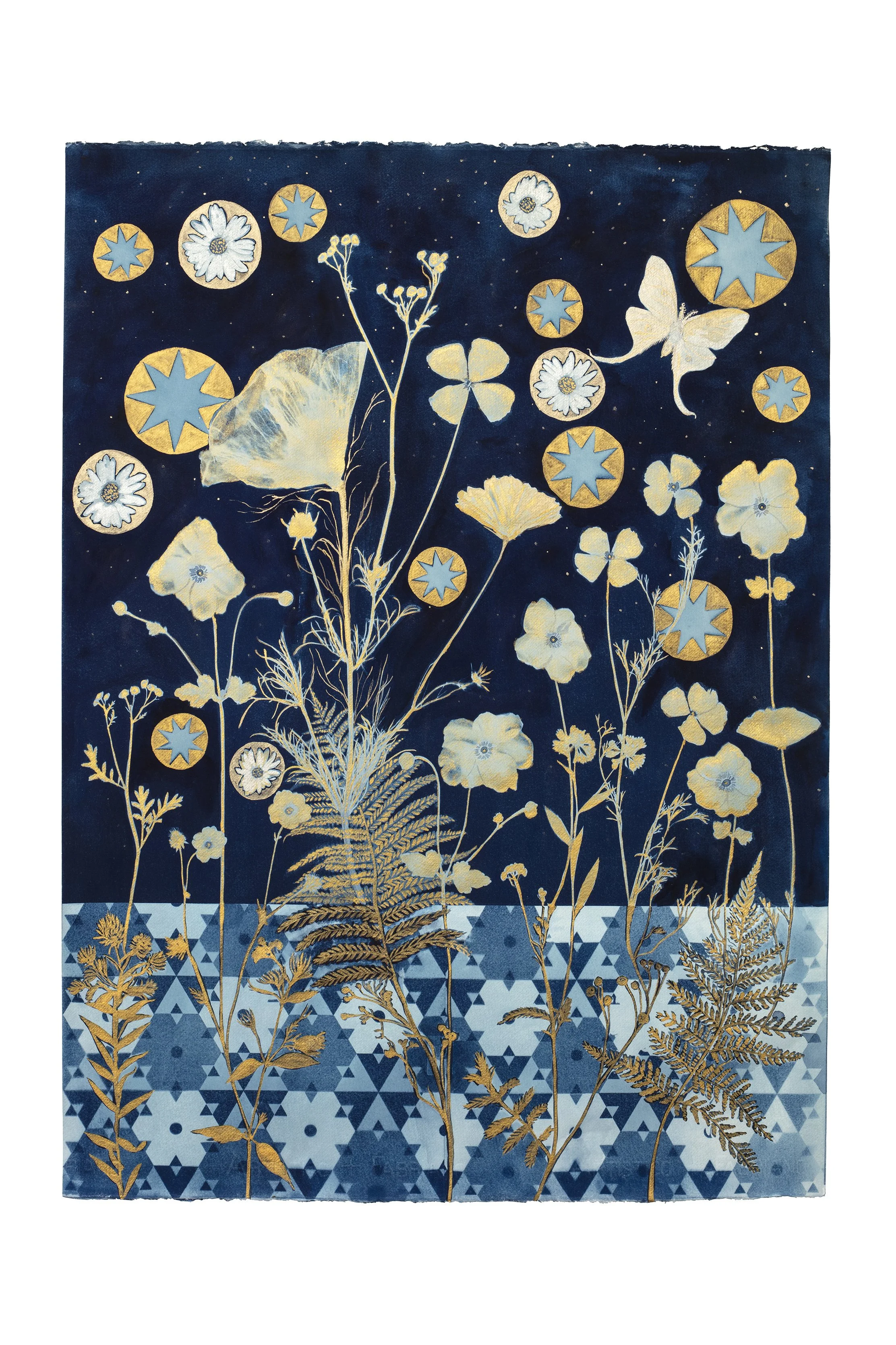 Cyanotype Painting (Gold Ferns, Anenomes, Daisies, Stars, Floor Pattern) 17" x 13" or 11" x 8.5" Print