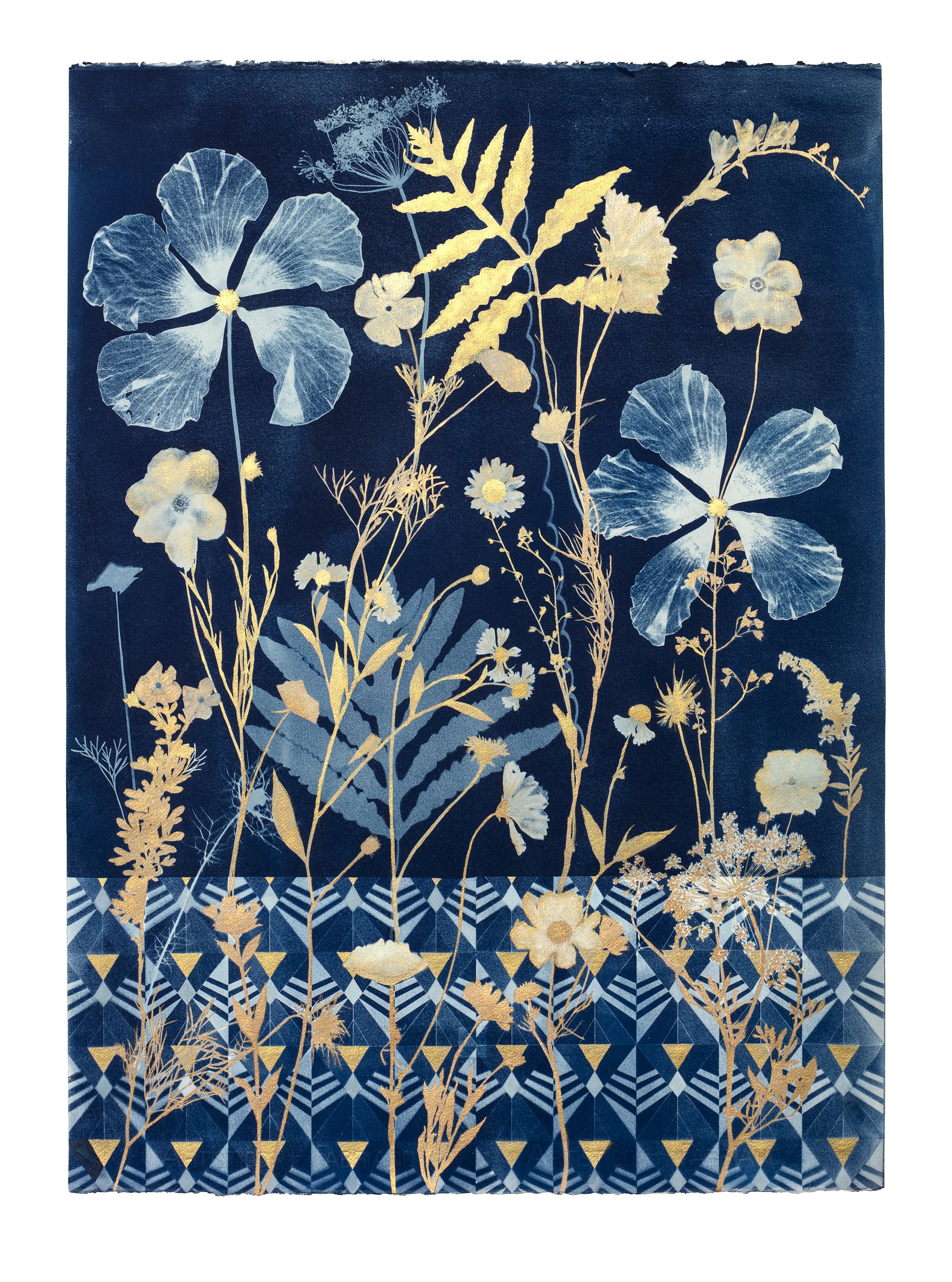 Cyanotype Painting (Gold Hibiscus, Daisies, Cosmos, Fern, Floor Pattern)