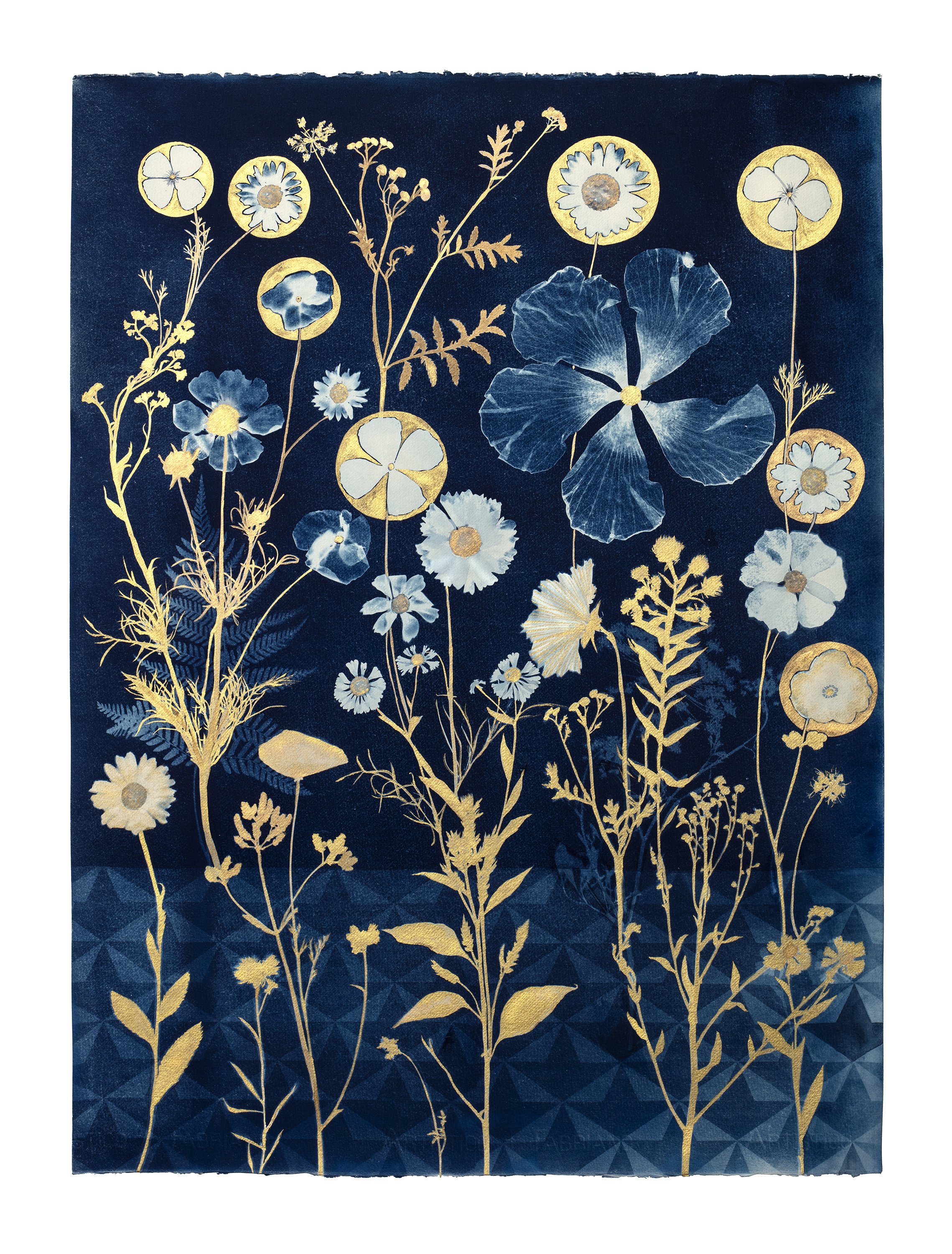 Cyanotype Painting (Gold Hibiscus, Cosmos, Ferns, Floor Pattern)