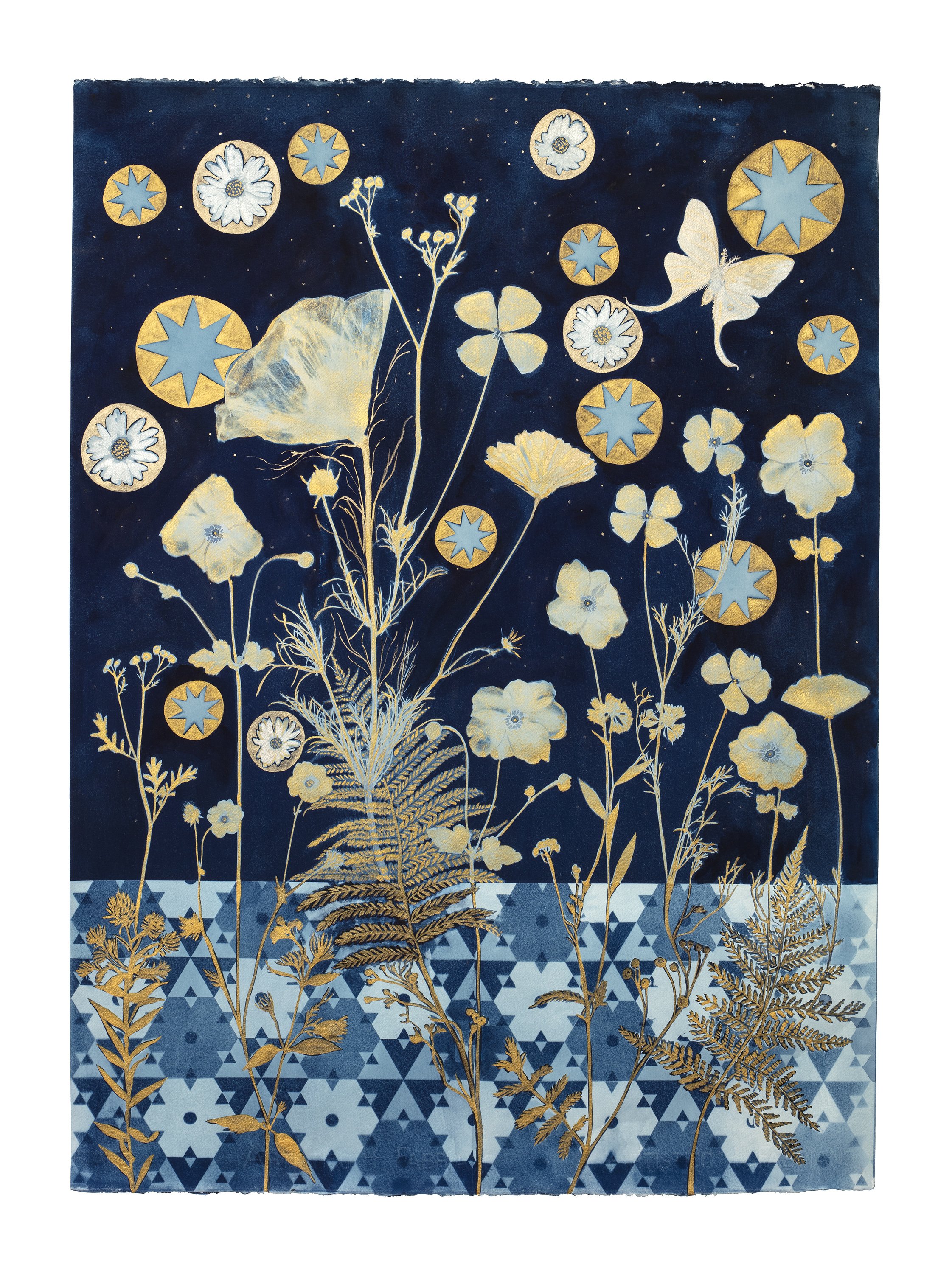 Cyanotype Painting (Gold Ferns, Anenomes, Daisies, Luna Moth, Stars, Floor Pattern)