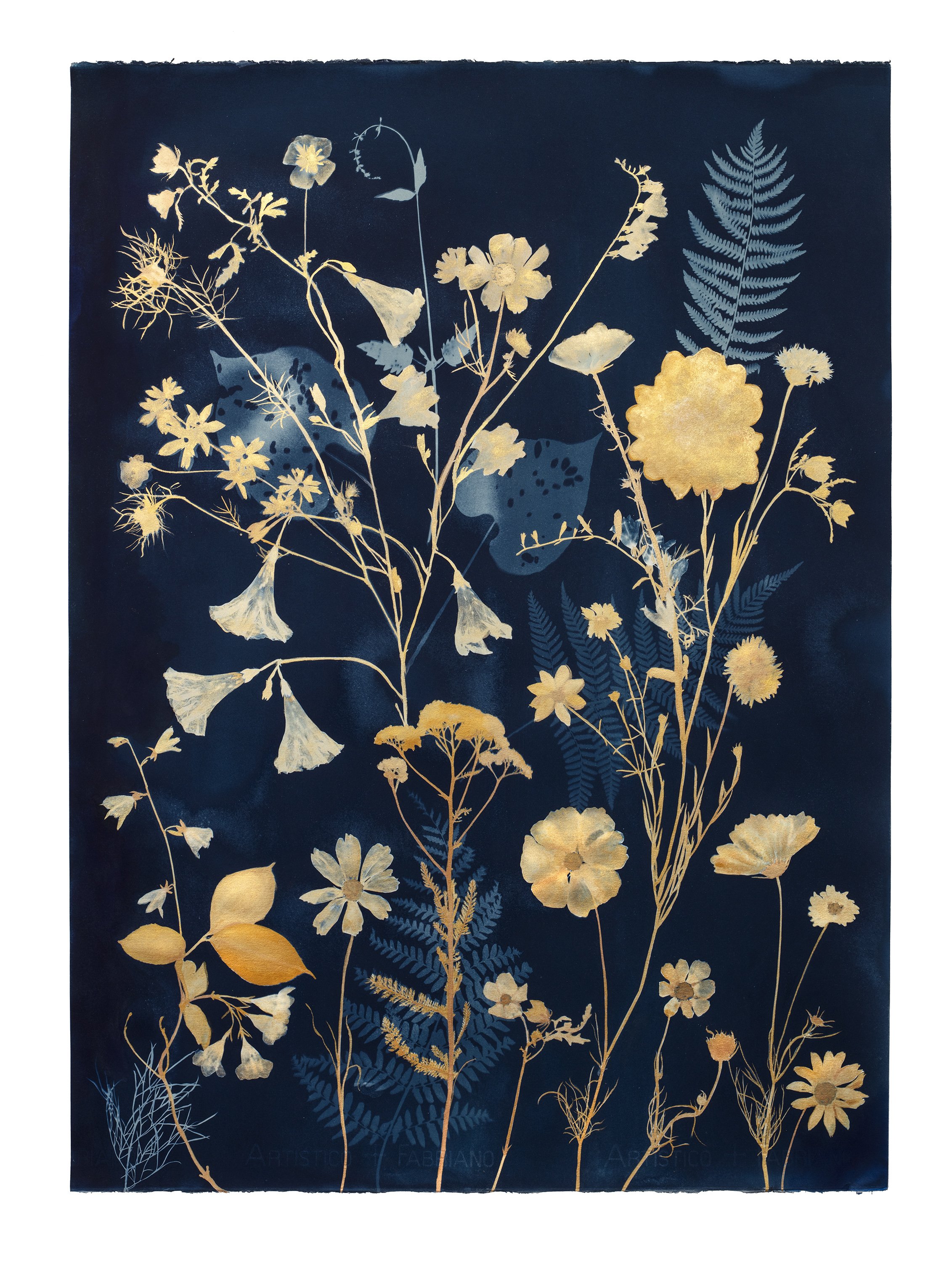 Cyanotype Painting (Gold Morning Glories, Leaves, Cosmos, Ferns) 