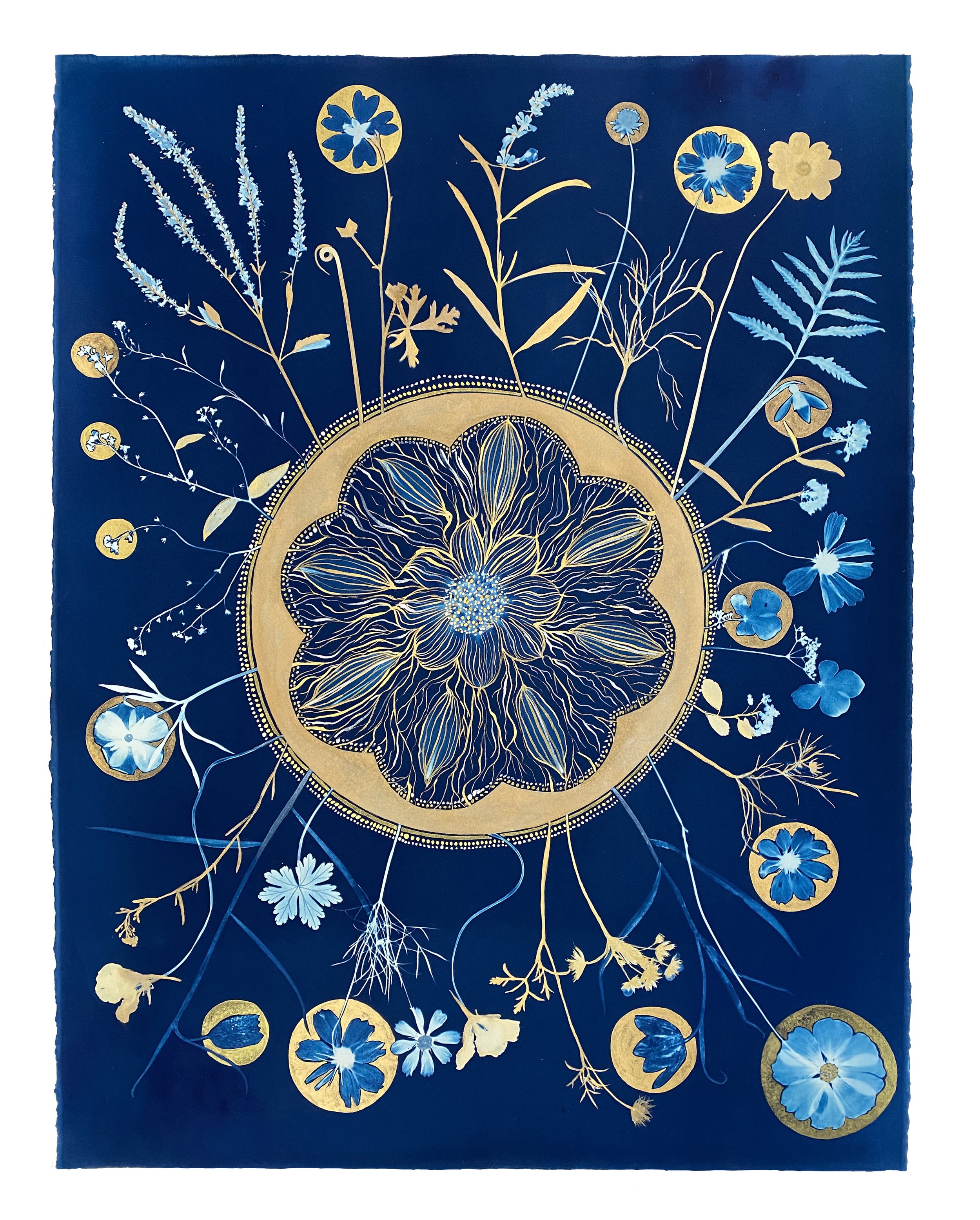 Cyanotype Painting (Gold Full Circle Flora)