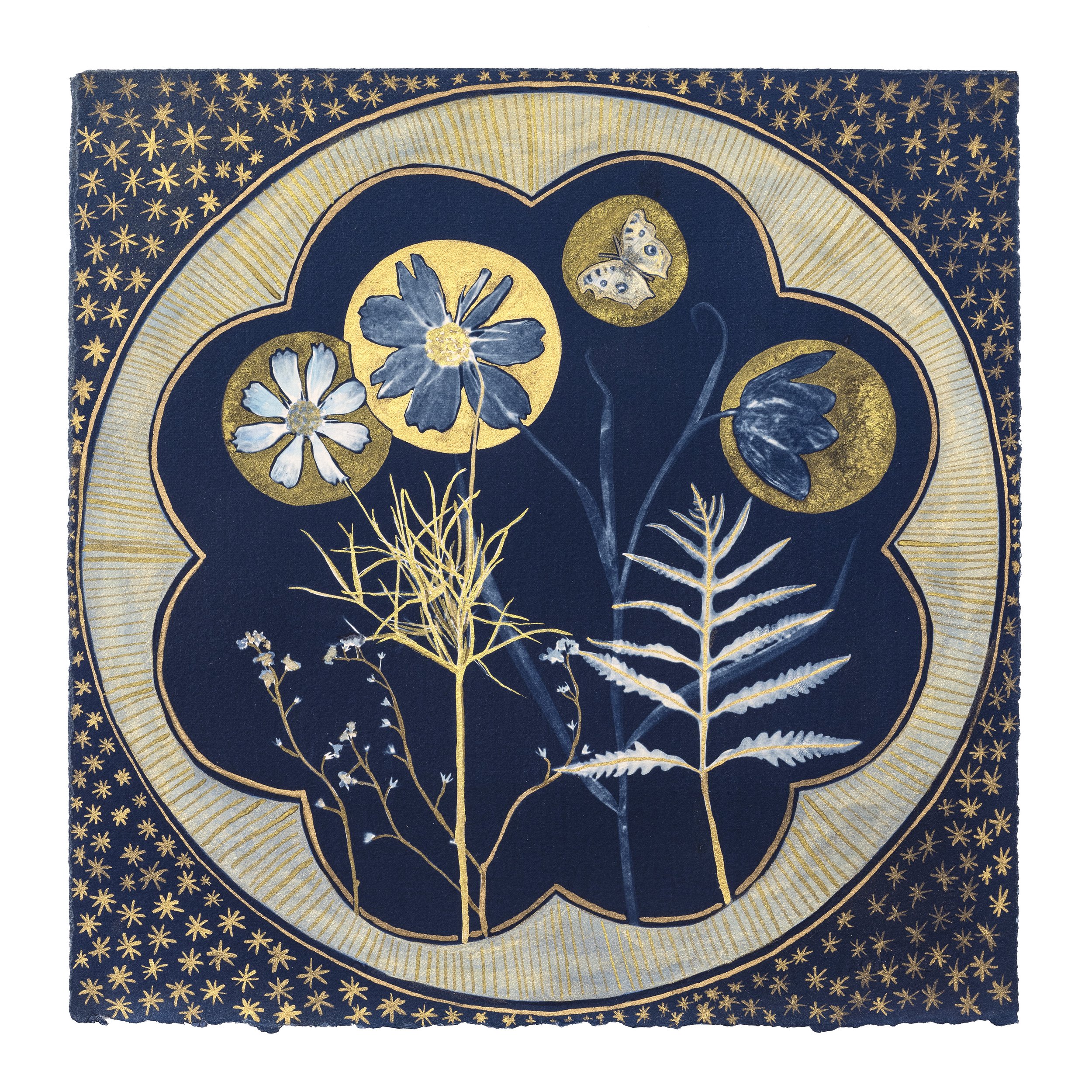 Cyanotype Painting (Gold, Cosmos, Fern, Tondo)