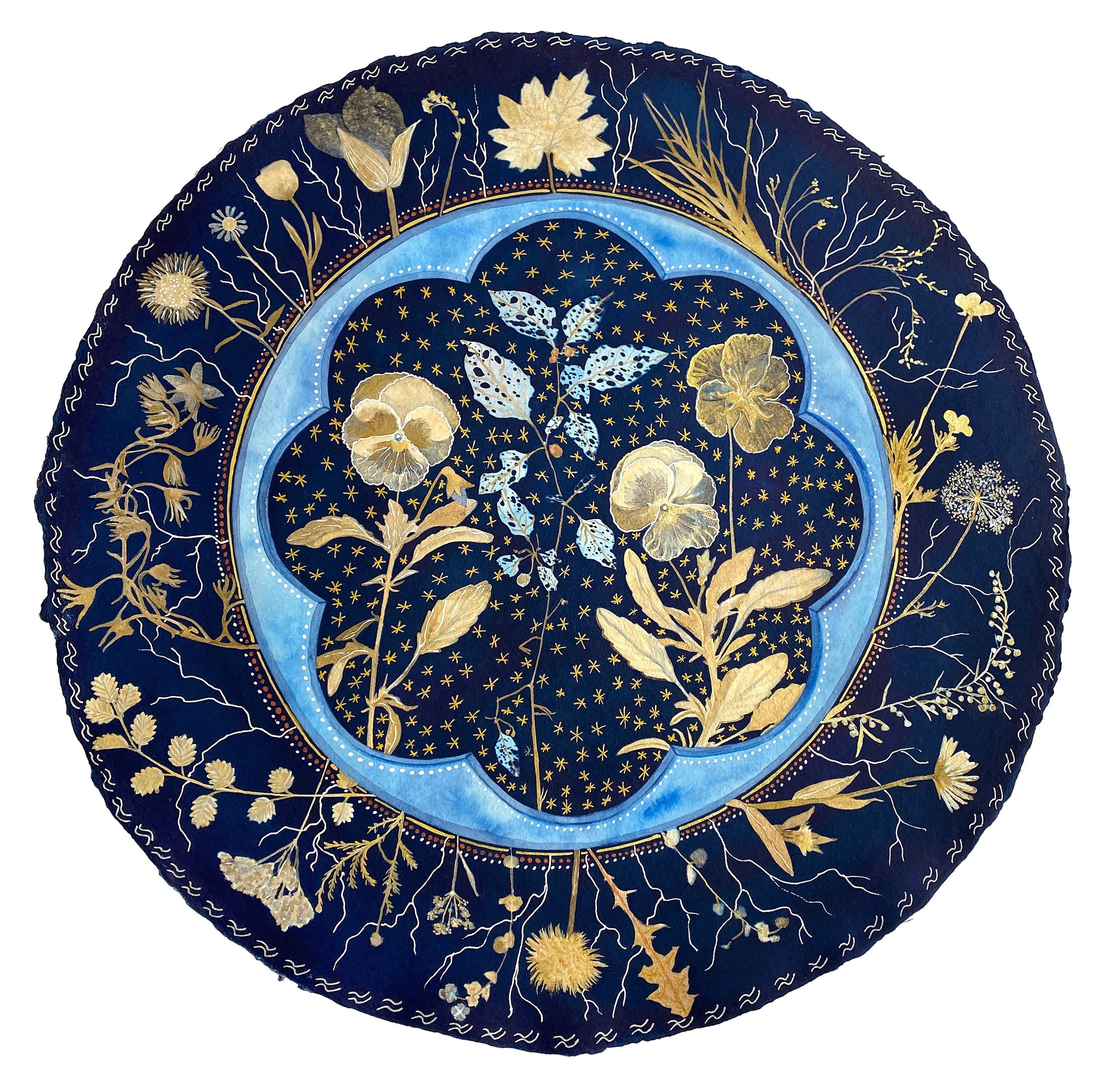  2022, 18” diameter   Watercolor, Gouache, Mica and Cyanotype on handmade paper  