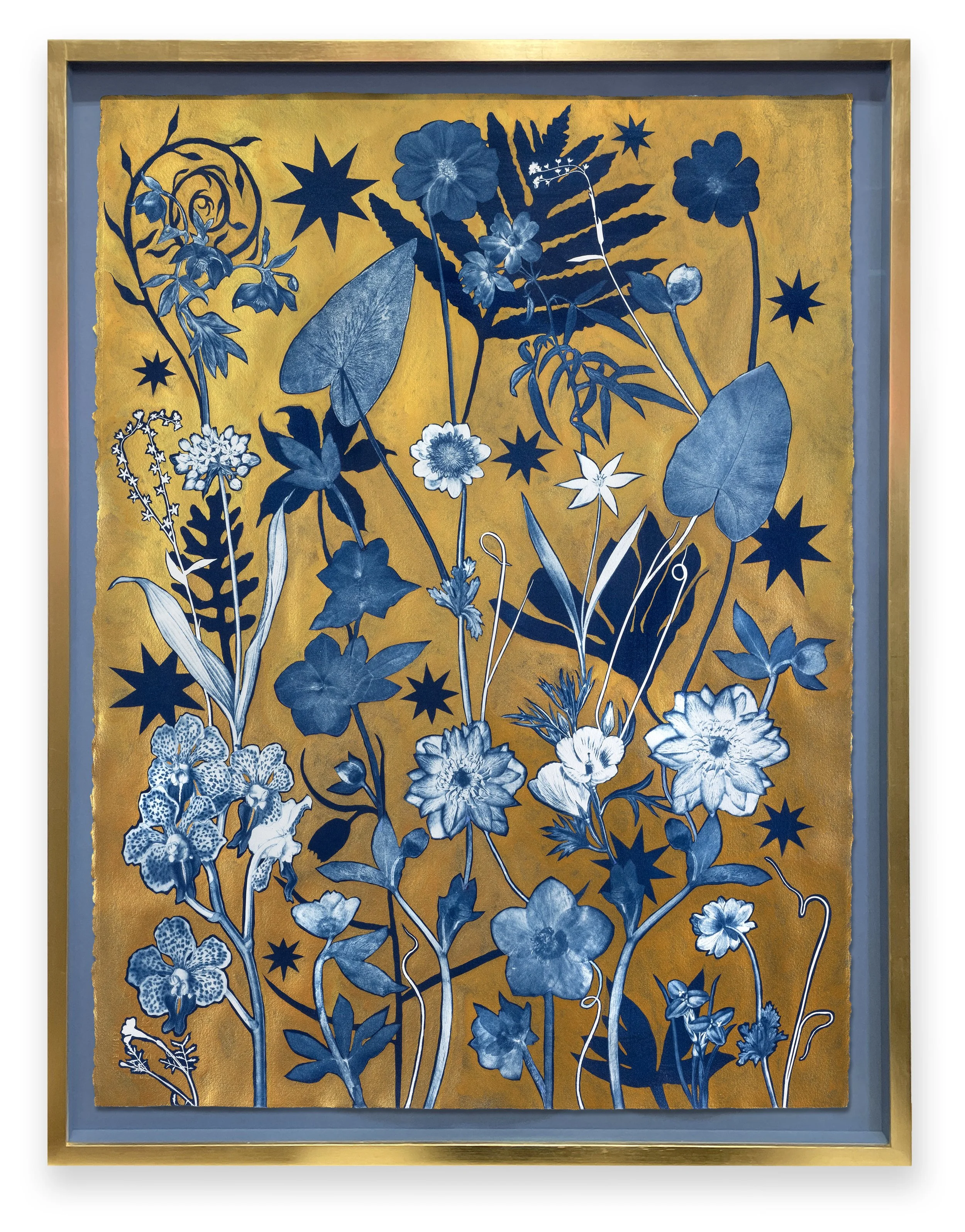 JWB_Gold Flora:Shadows (Orchid, Hellebore, Leaves, Cosmos, Stars, etc) 30x23_framed copy.jpg