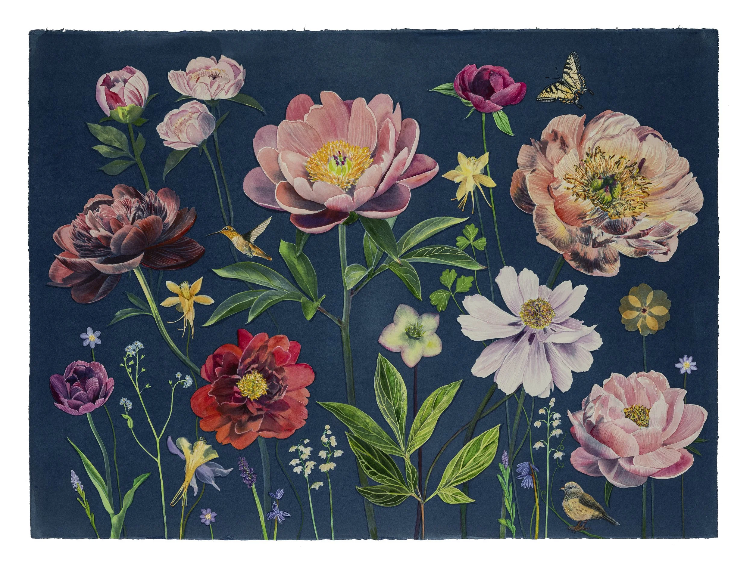 Picturesque Botany (Peony, Tulips, Hellebore, Swallowtail, Birds), 2026, 23” x 30” watercolor, gouache and cyanotype on watercolor paper   private collection  