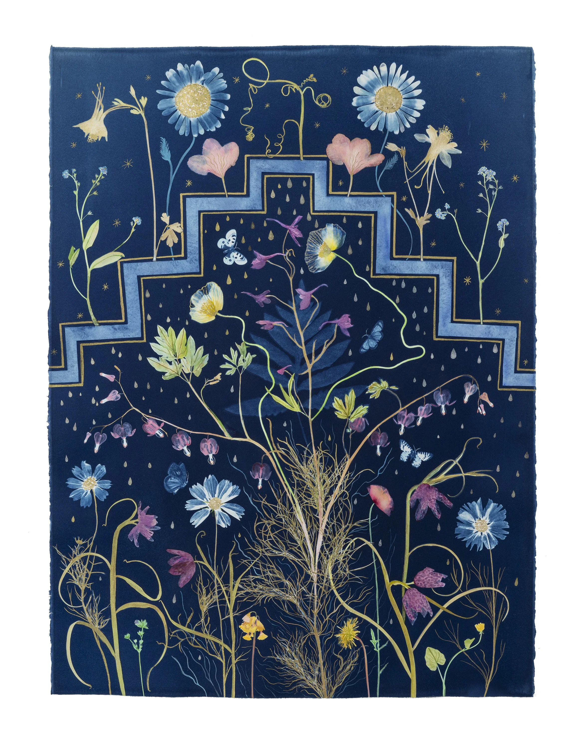 Nocturnal Nature (Bleeding Heart, Cosmos, Daisies, Raindrops), 2022-2025, 30” x 23” watercolor, ink, gouache, mica and cyanotype on watercolor paper   private collection  
