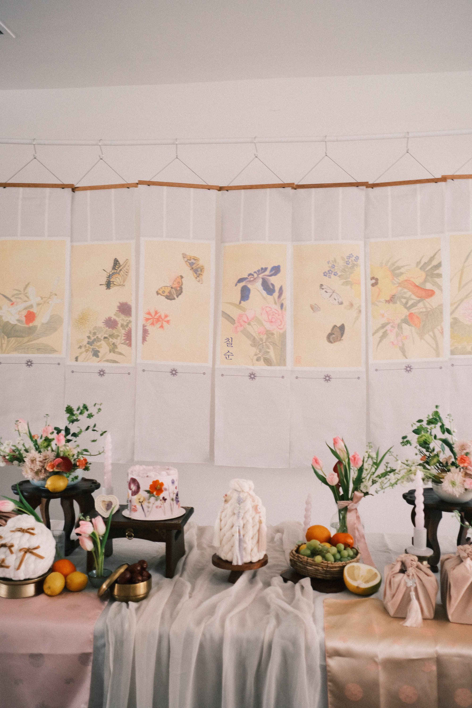 Multi-Panel Minhwa Flowers & Butterflies Backdrop (For Purchase)