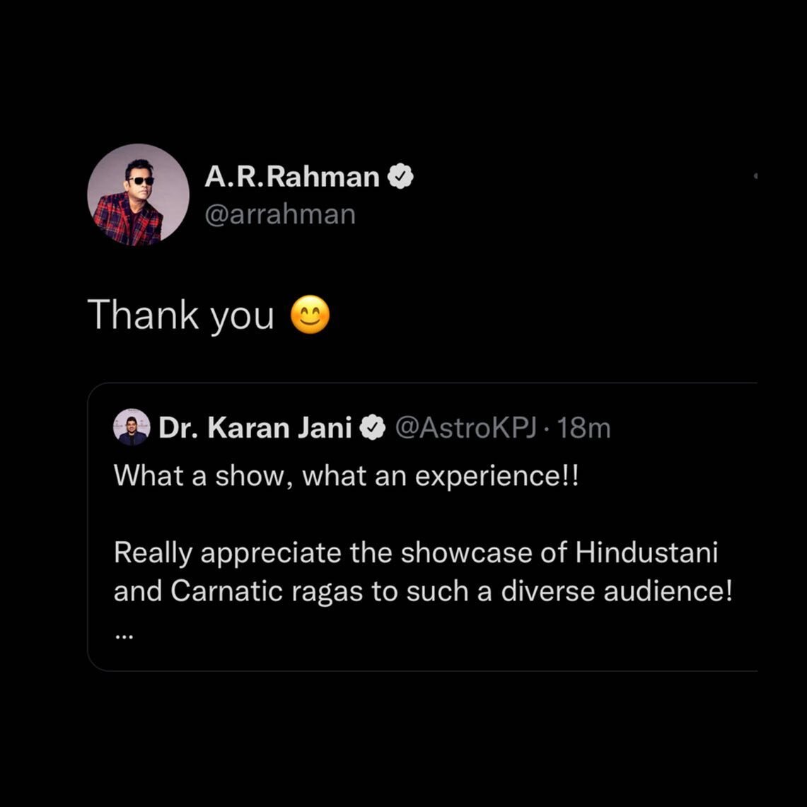 Had a genuine drop of tears when saw him on the stage today. Thank you for existing and giving rhythms to my spacetime. One of your billion forever fan! @arrahman