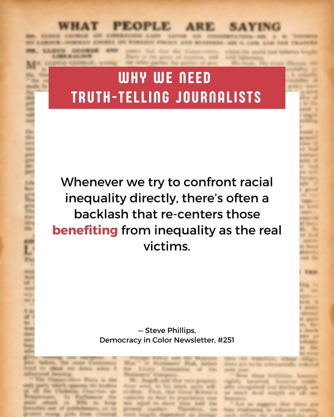 "Whenever we try to confront racial inequality directly, there&rsquo;s often a backlash that re-centers those benefiting from inequality as the real victims.

In a moment when distortion, deflection, and false equivalence dominate so much of the