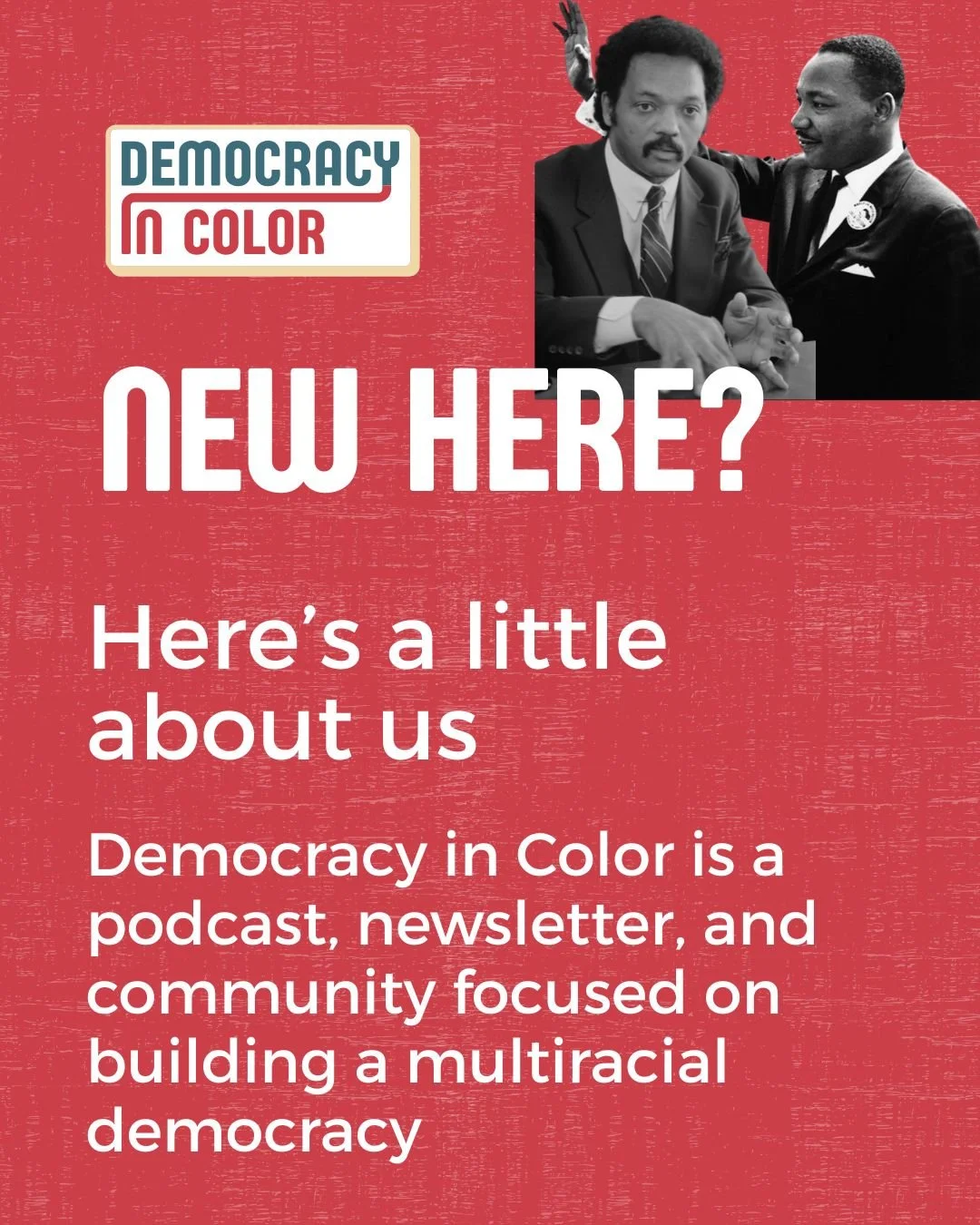 New around here? 👋🏾 Welcome to Democracy in Color!

We&rsquo;re here for the people building a multiracial democracy: the organizers, activists, journalists, elected officials, and everyday people fighting for a more just country.

We talk politics