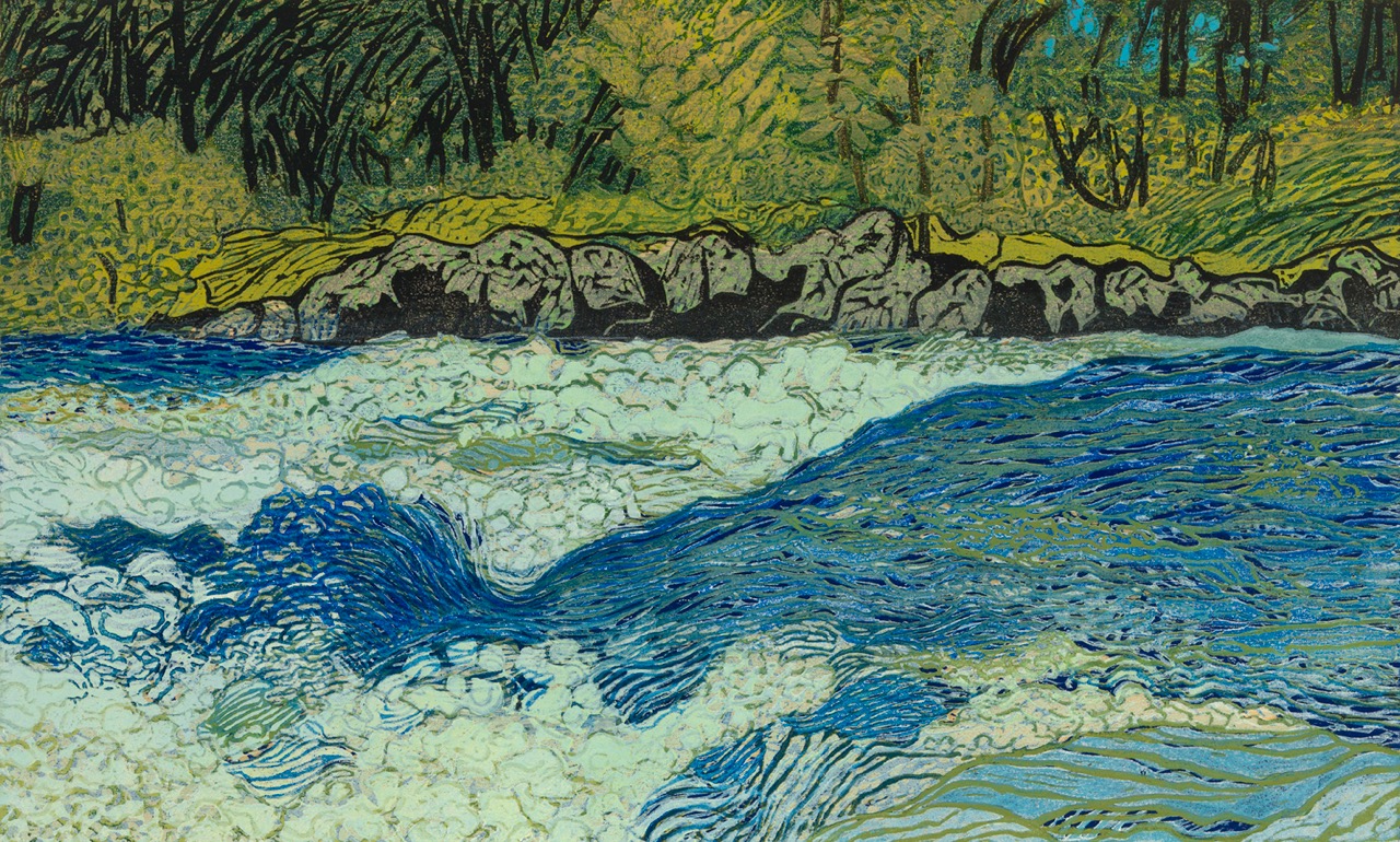 %22High Water Lower Hellgate Gorge%22 Ruth Kirchmeier, woodcut 7-20.jpeg